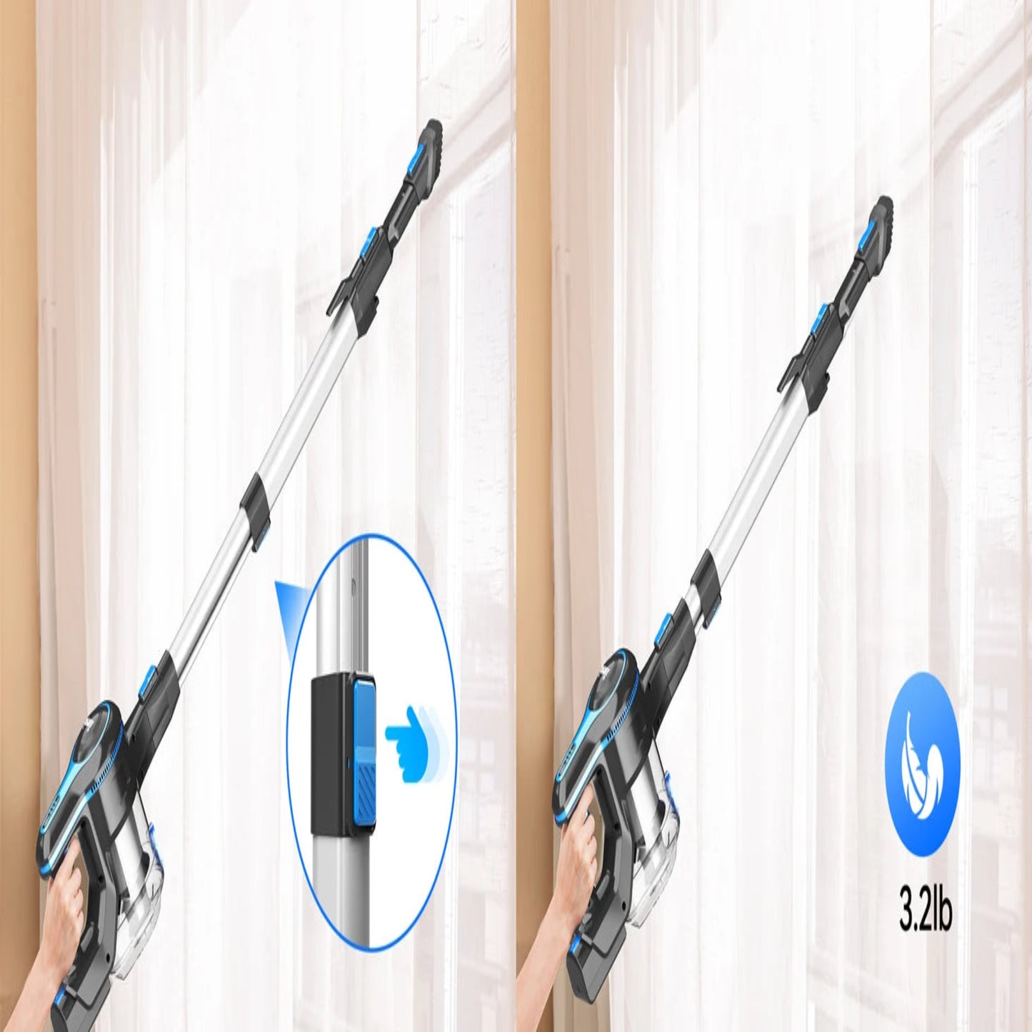 Two views of a cordless vacuum cleaner with a focus on its design and weight.