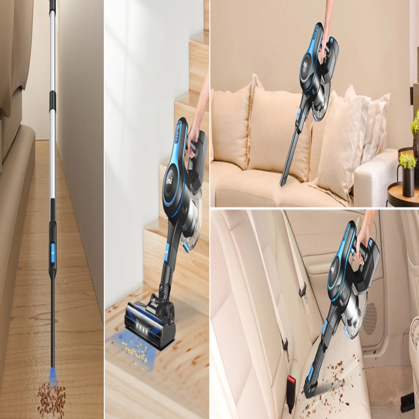 Collage of a cordless vacuum cleaner being used on various surfaces including a floor, stairs, and a couch.