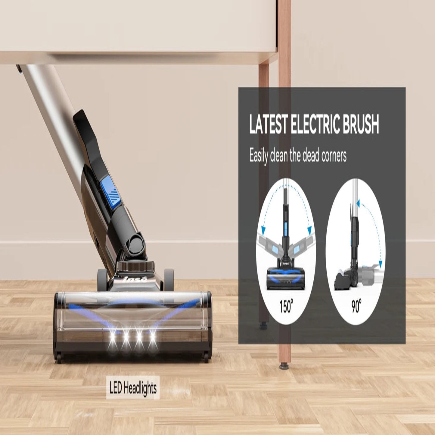 Vacuum cleaner with LED headlights on a wooden floor, accompanied by a sign about the latest electric brush technology.