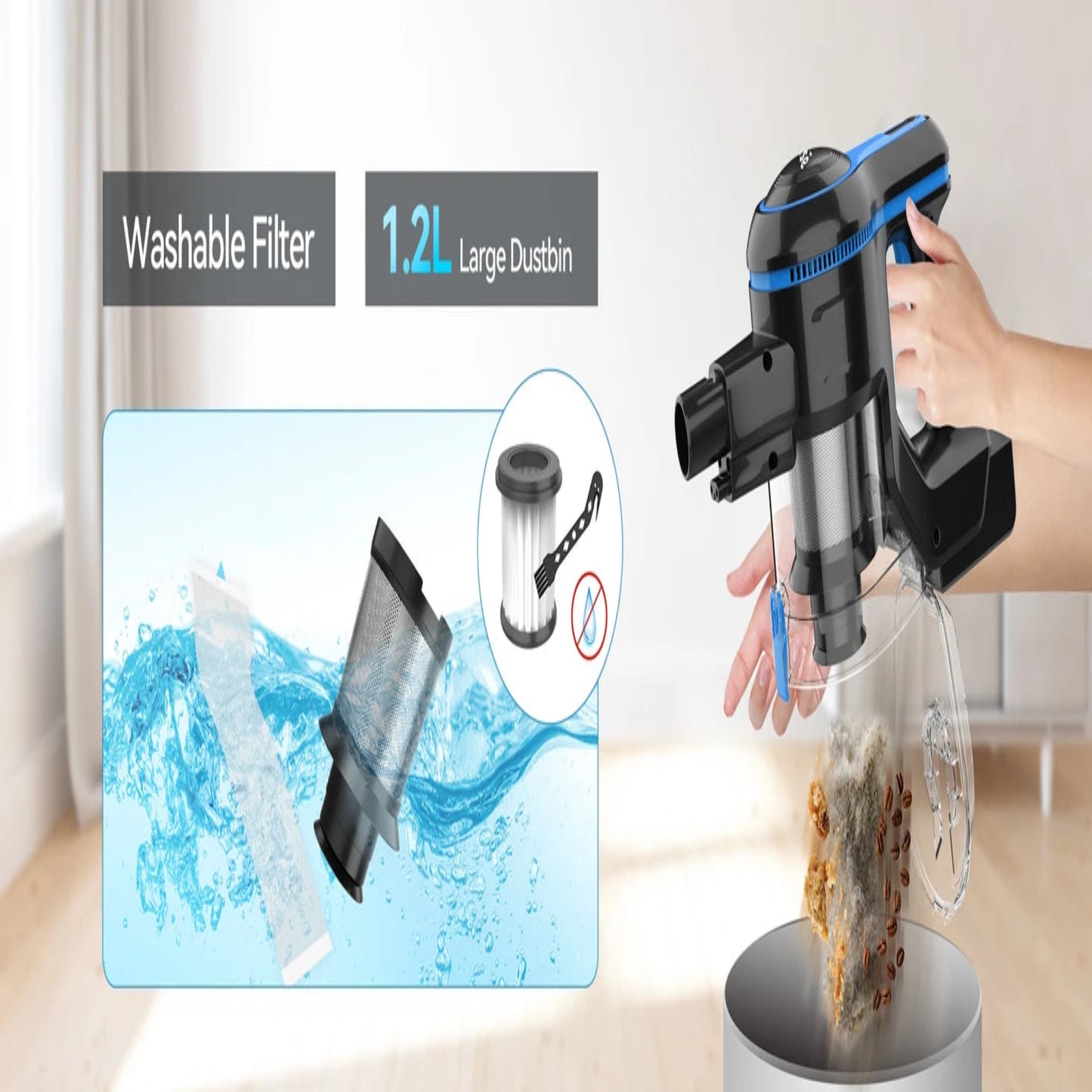 Handheld vacuum cleaner with washable filter and large dustbin feature, shown in a room setting.