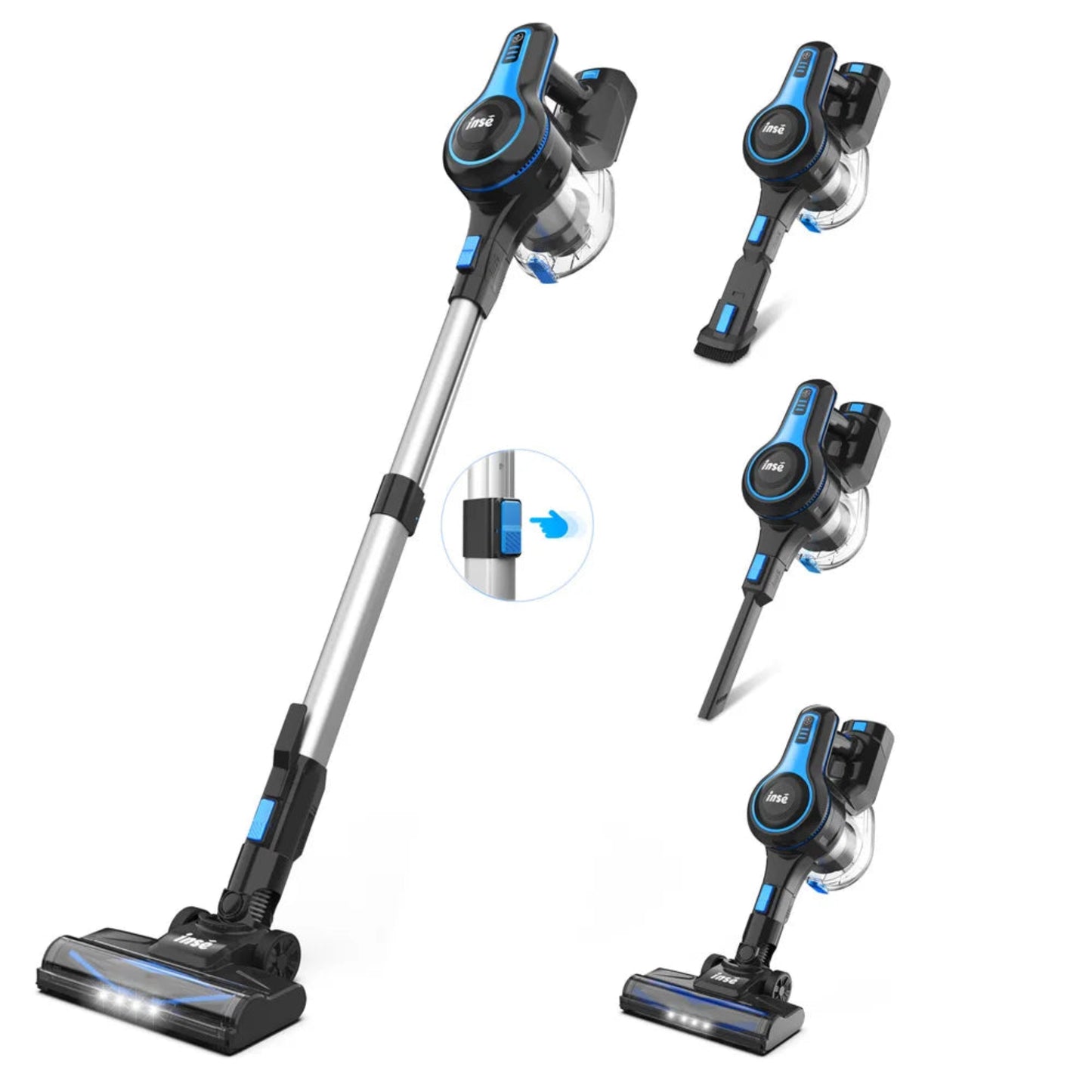 Stylized image of a vacuum cleaner with multiple attachments on a white background