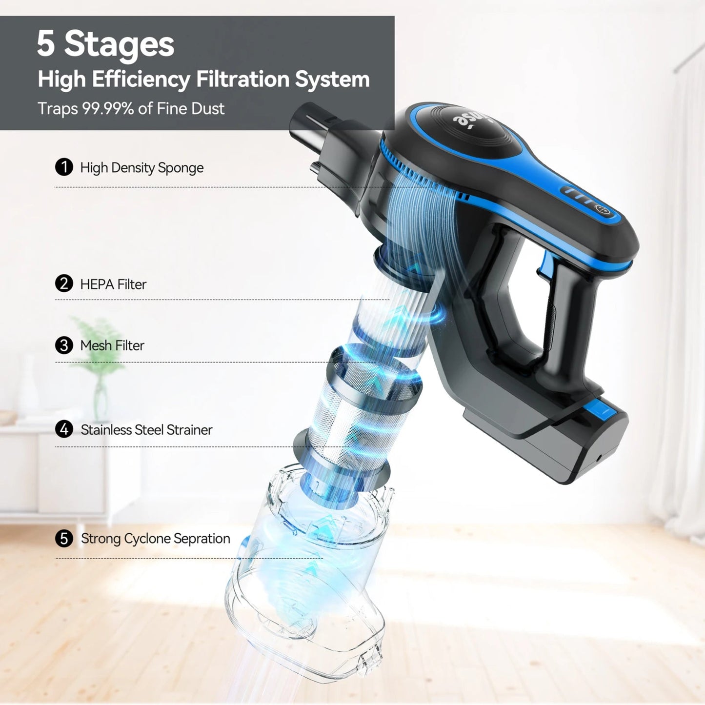 Vacuum cleaner with filtration system diagram on a white background