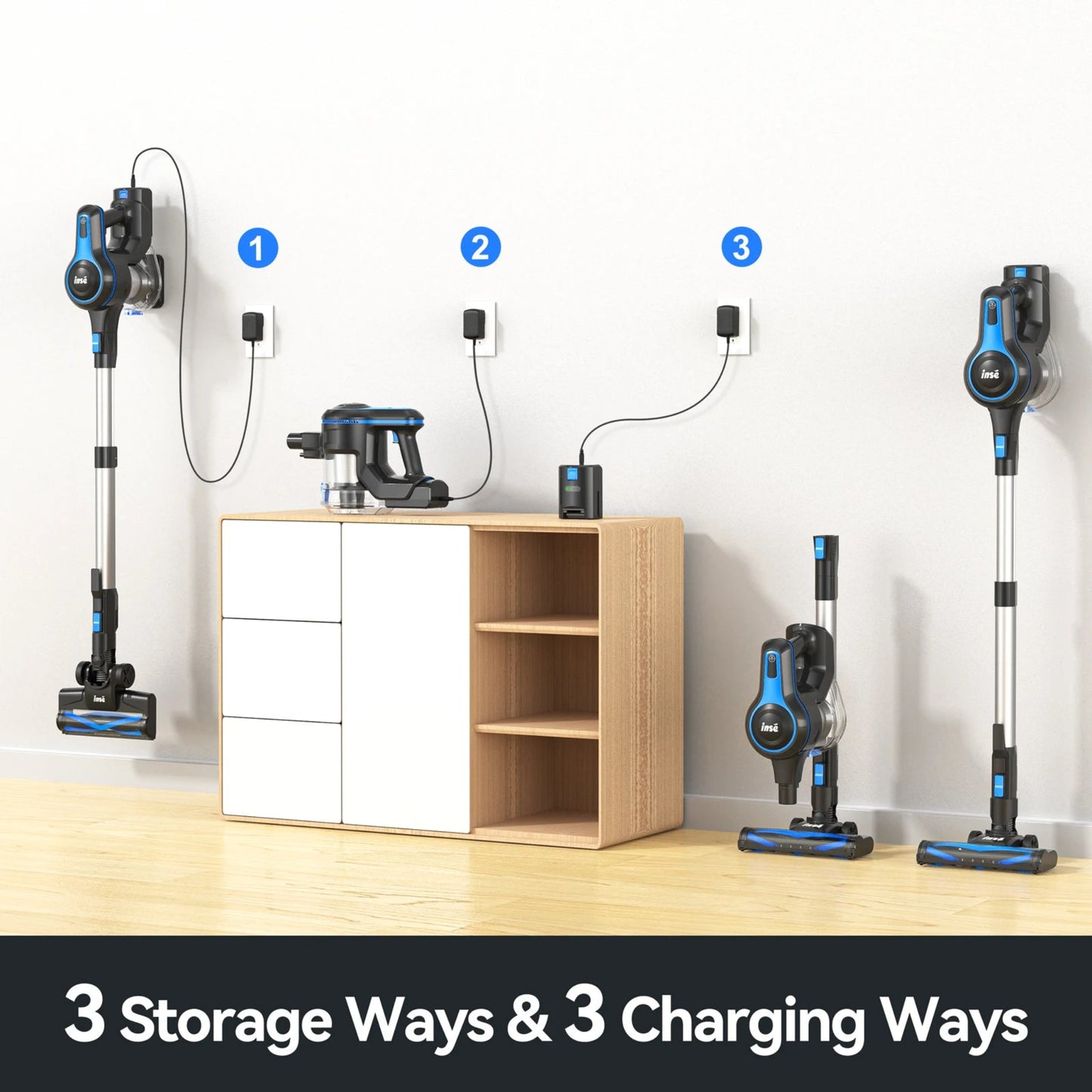 Vacuum cleaner with multiple charging and storage methods on a white wall and wooden floor.
