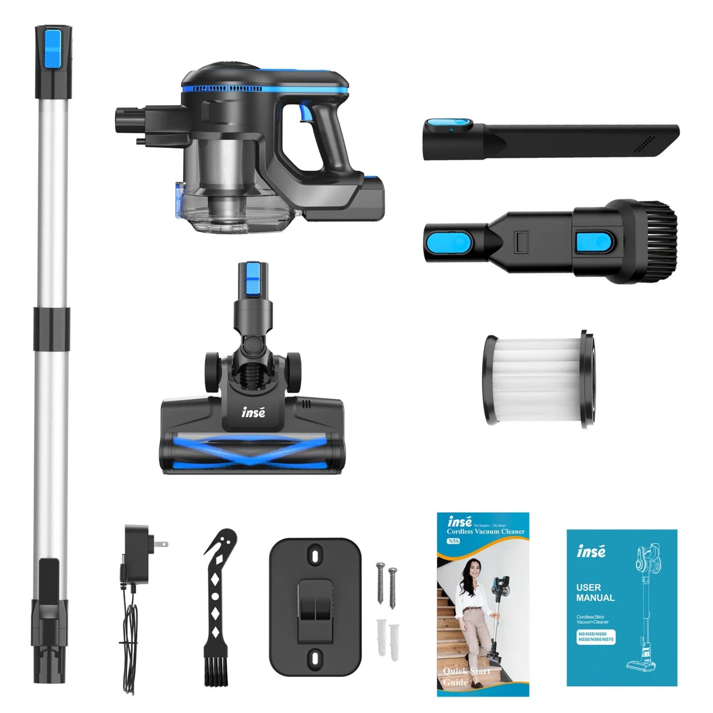 Collection of INSE vacuum cleaner parts and accessories on a white background