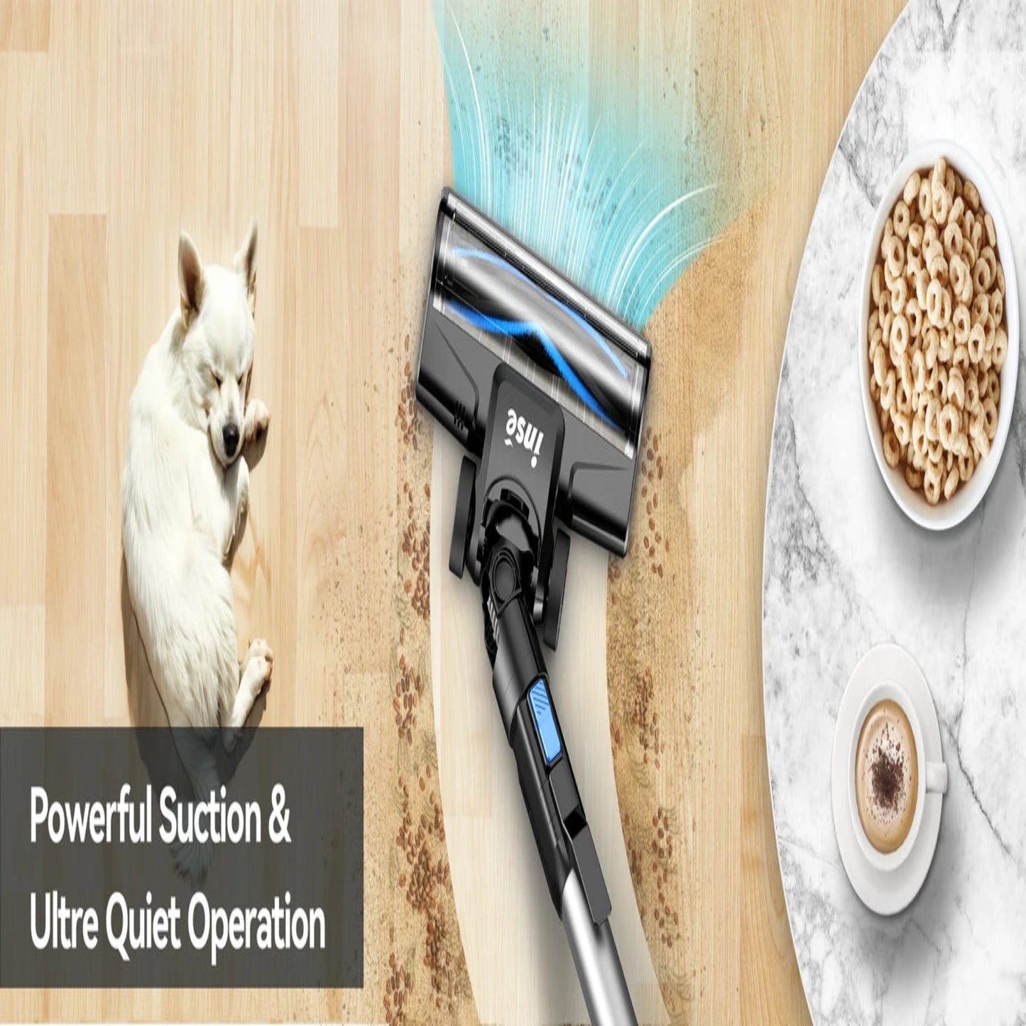 Upright vacuum cleaner on a wooden floor with a dog and breakfast items in the background.