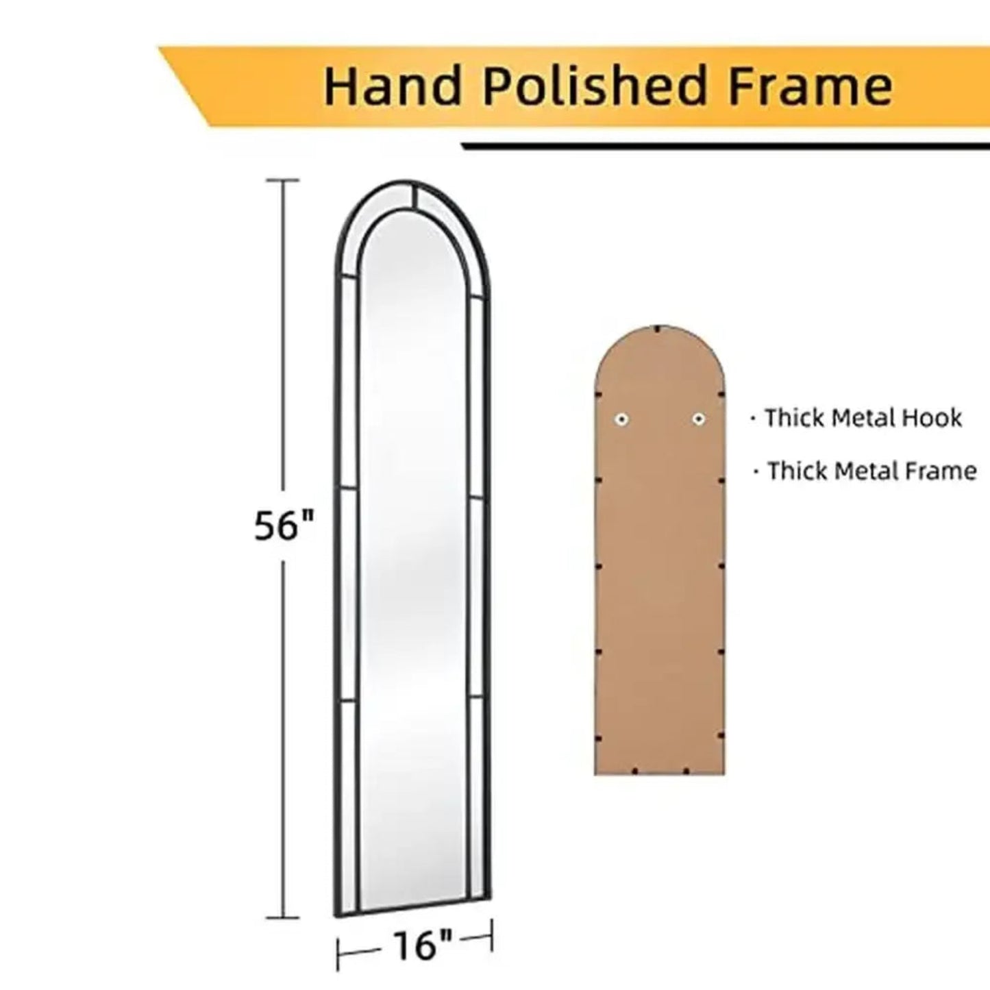 Hand polished frame with dimensions and material details on a white background