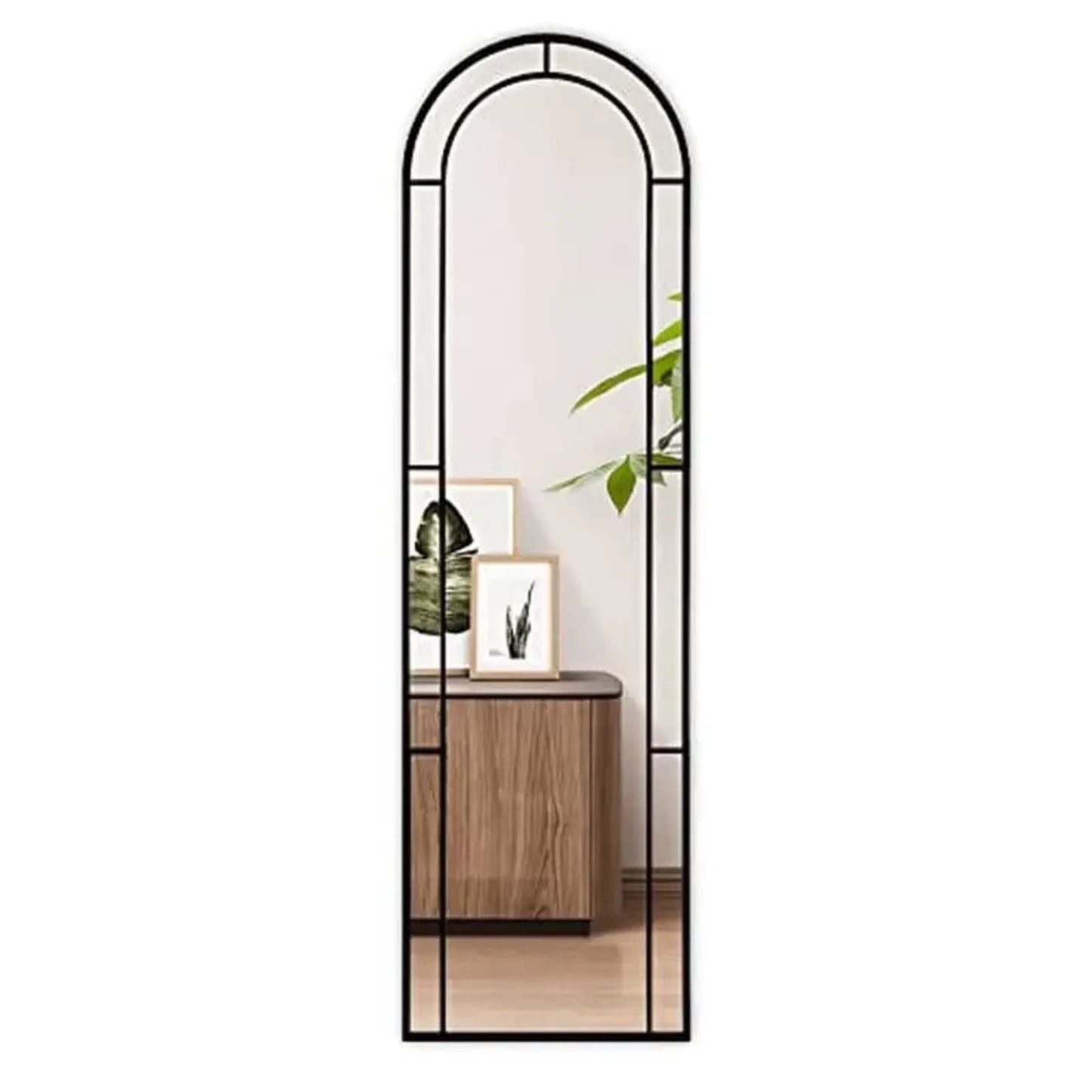 Rustic arched window mirror featuring durable metal framing