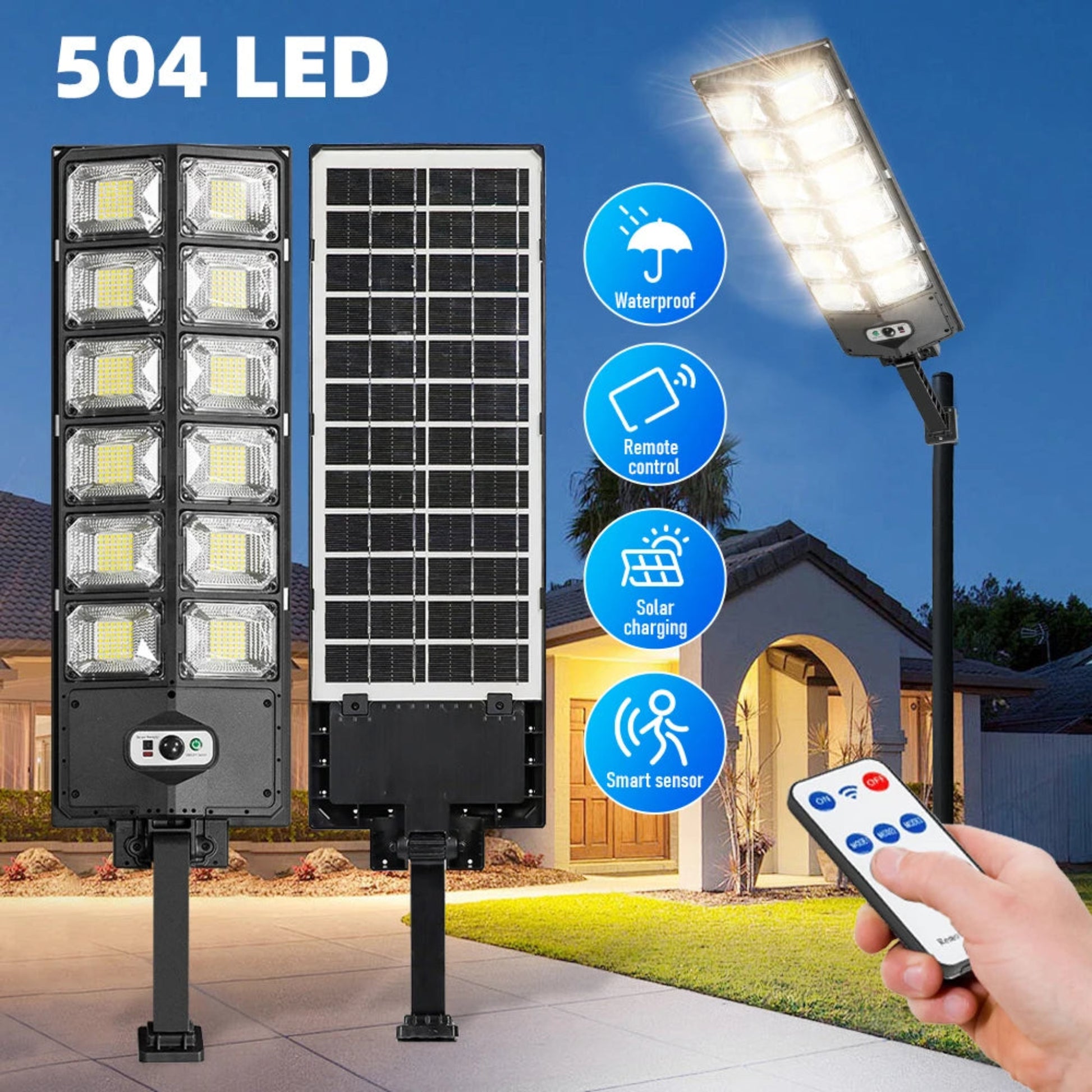 Energy-efficient solar street light with 12000 lumens and advanced motion sensor technology.