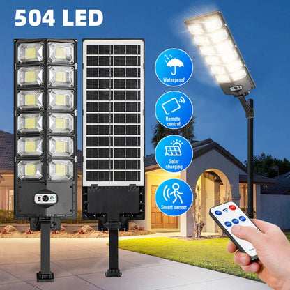 Energy-efficient solar street light with 12000 lumens and advanced motion sensor technology.