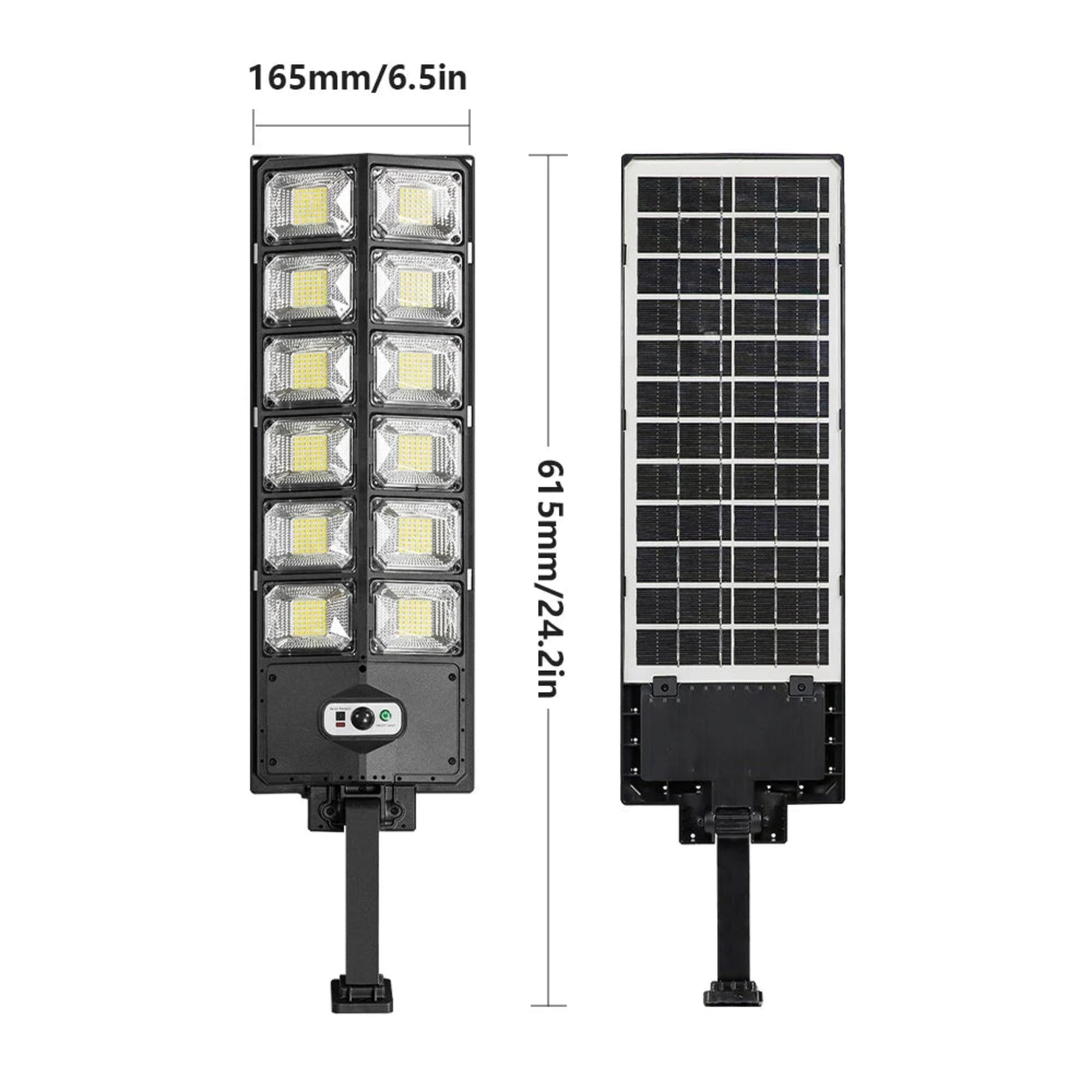 Robust solar motion street light featuring 12000 lumens of light output and automatic sensor activation.