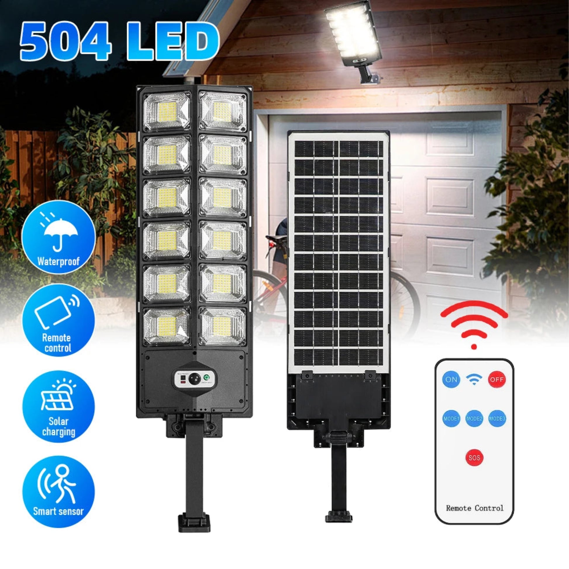 12000 Lumen solar motion street light with integrated motion detection for energy-saving outdoor security.