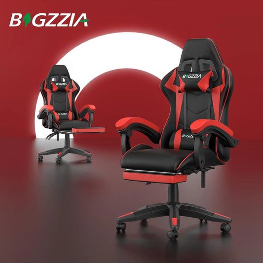 BIGZZIA Ergonomic Gaming Chair with Footrest and Lumbar Support for comfort and posture support.