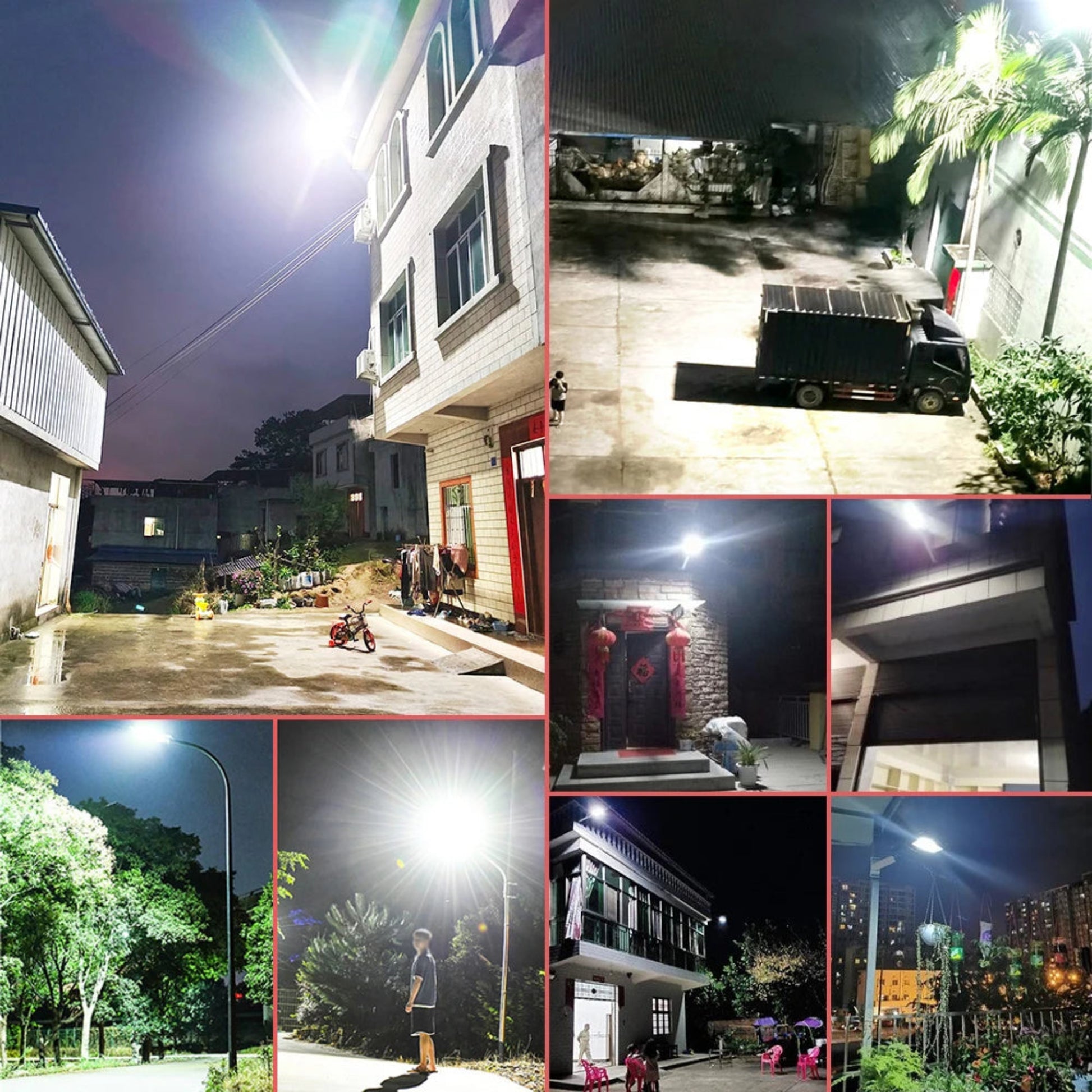 Collage of nighttime scenes including buildings, streetlights, and people in various settings.