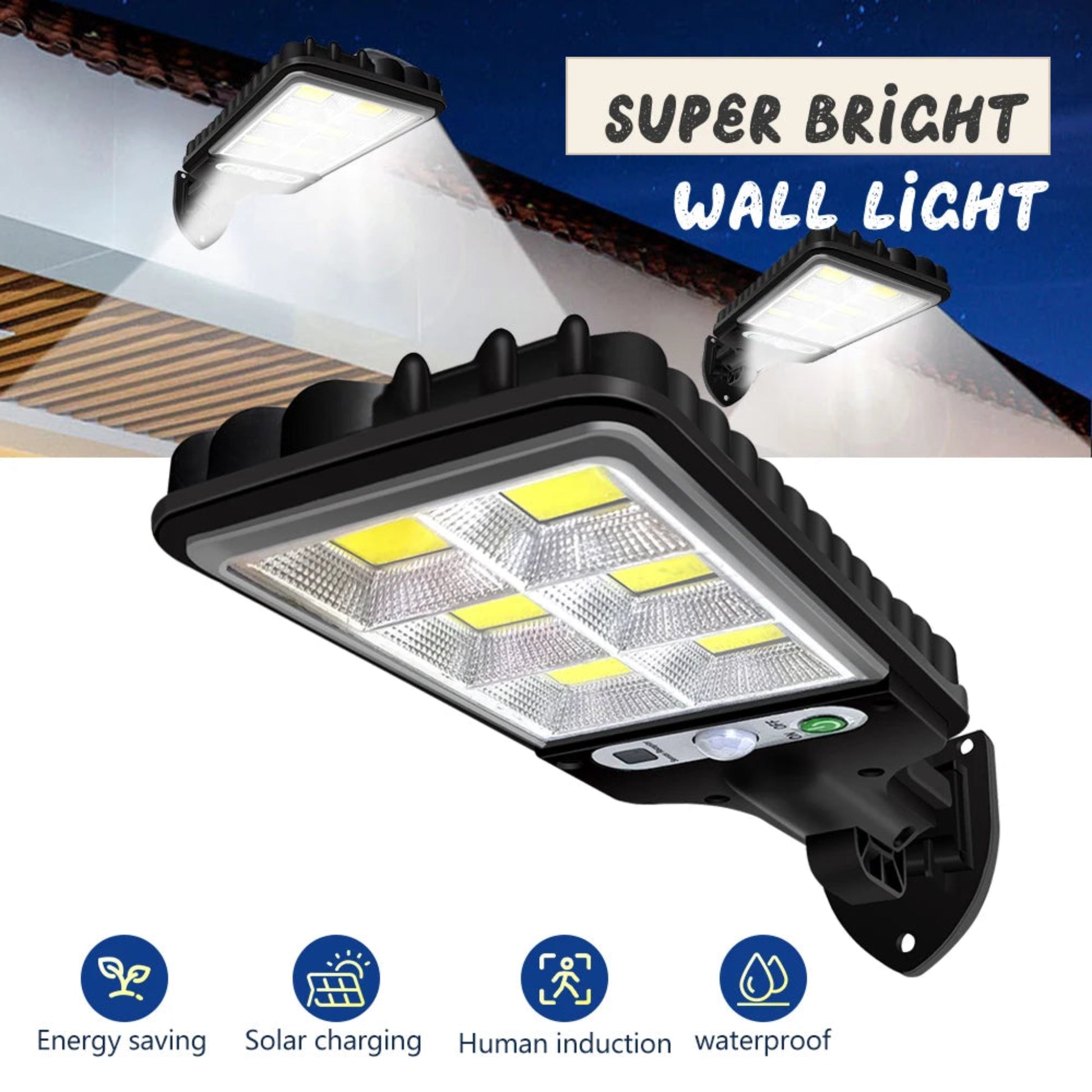 Super bright wall light with solar charging and energy saving features on a white background