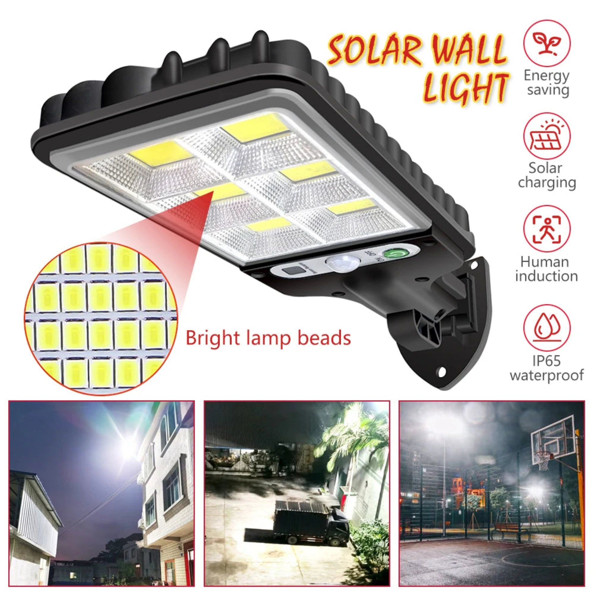Solar wall light with bright lamp beads, energy saving, solar charging, human induction, and IP65 waterproof features.