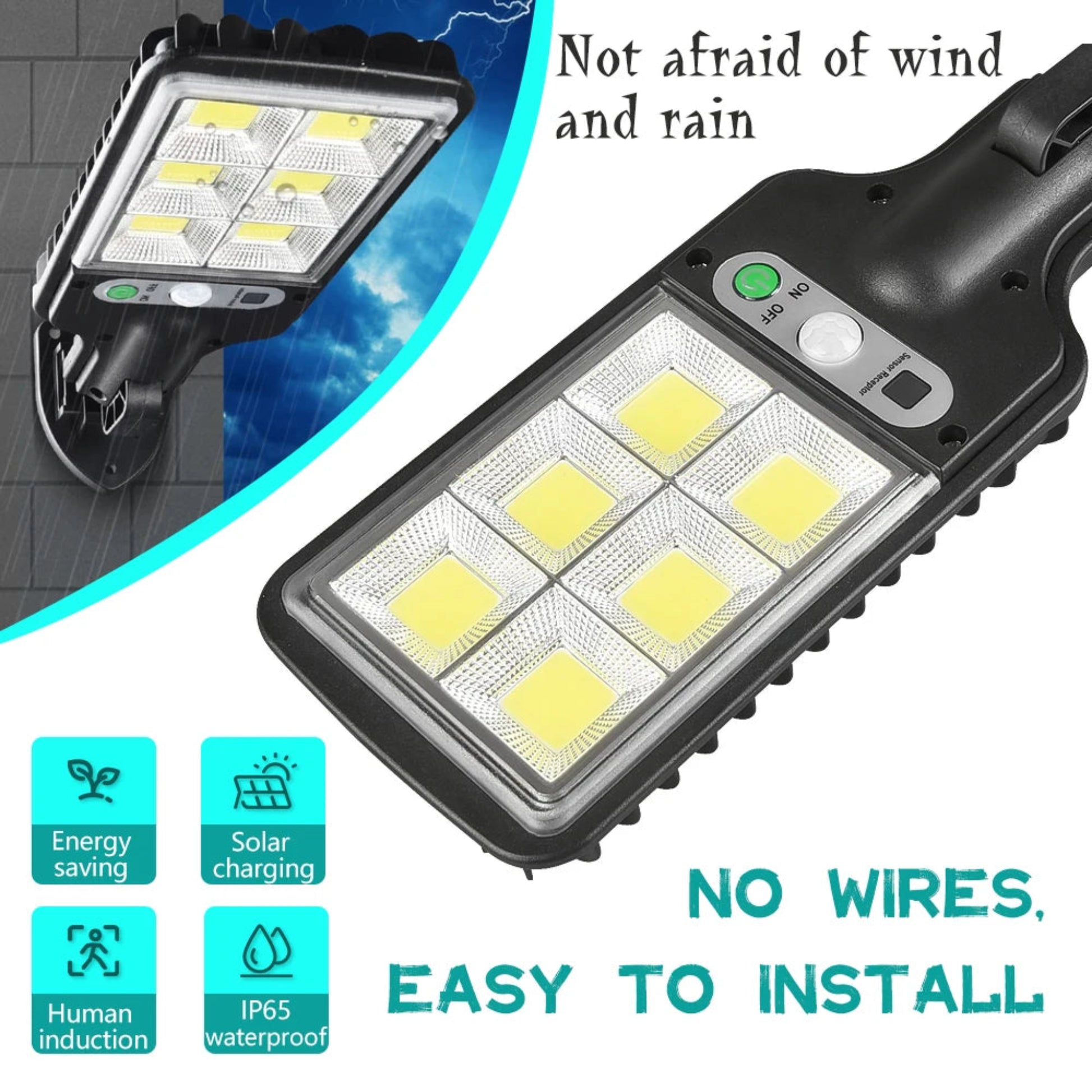 Solar-powered outdoor light with features highlighted on a white background