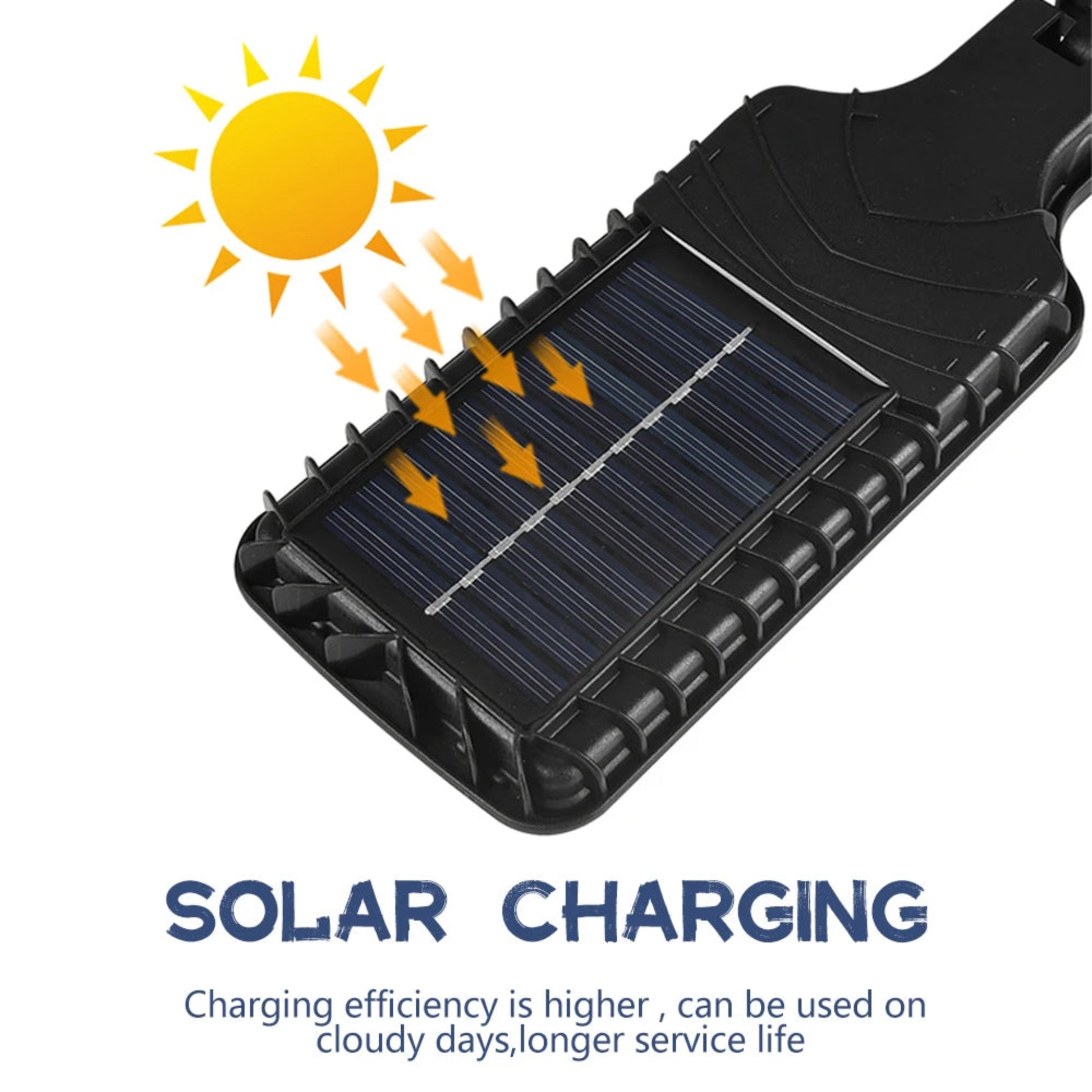 Solar panel with sun illustration and text about solar charging on a white background