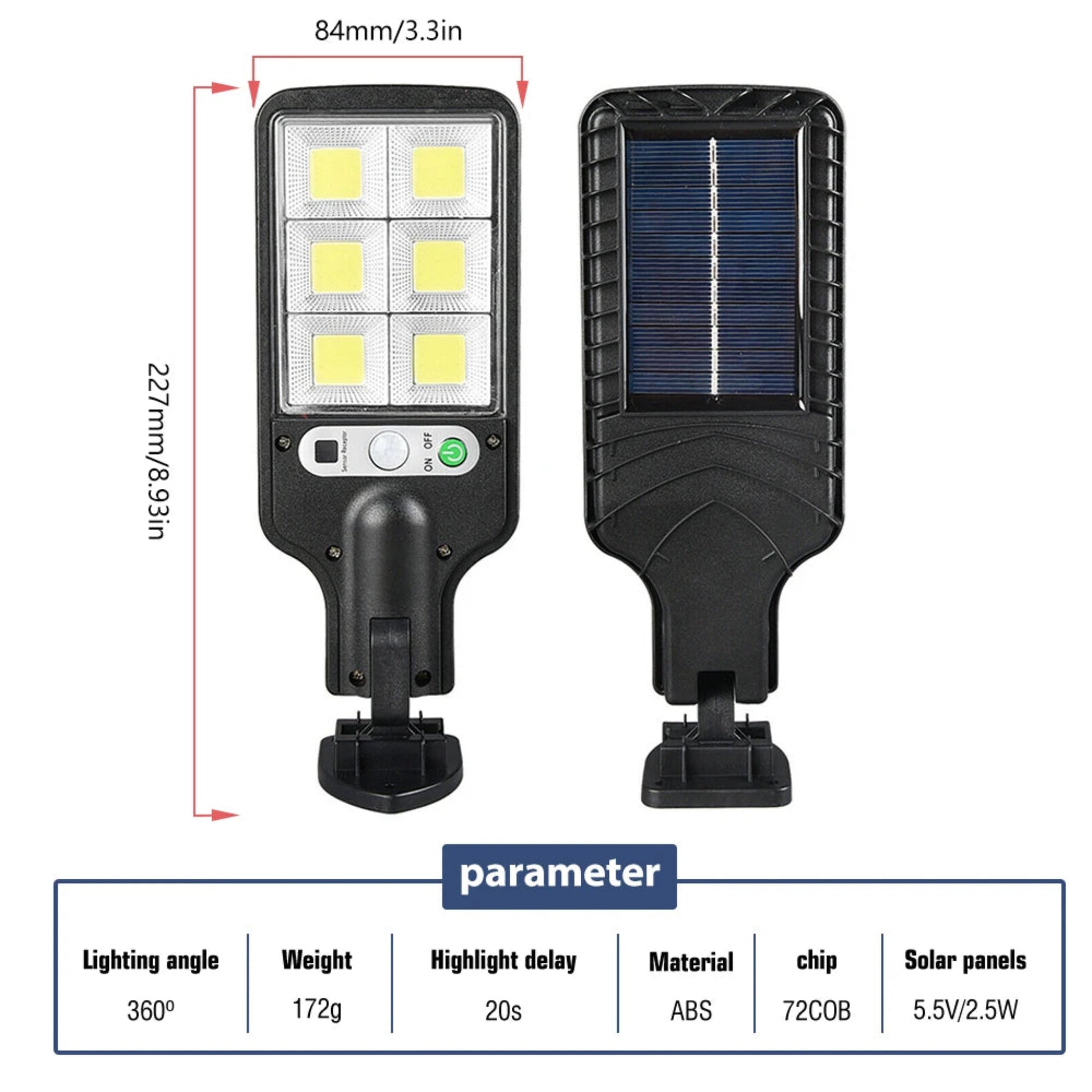 Solar street light with dimensions and technical specifications on a white background