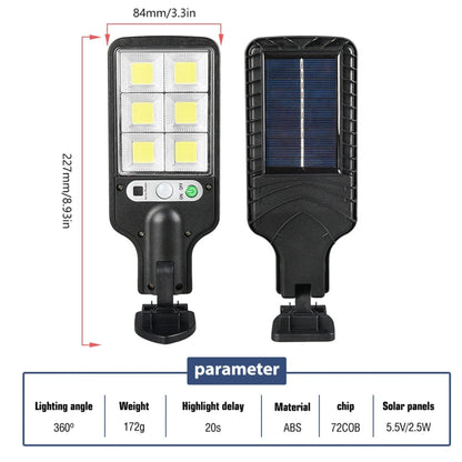 Solar street light with dimensions and technical specifications on a white background