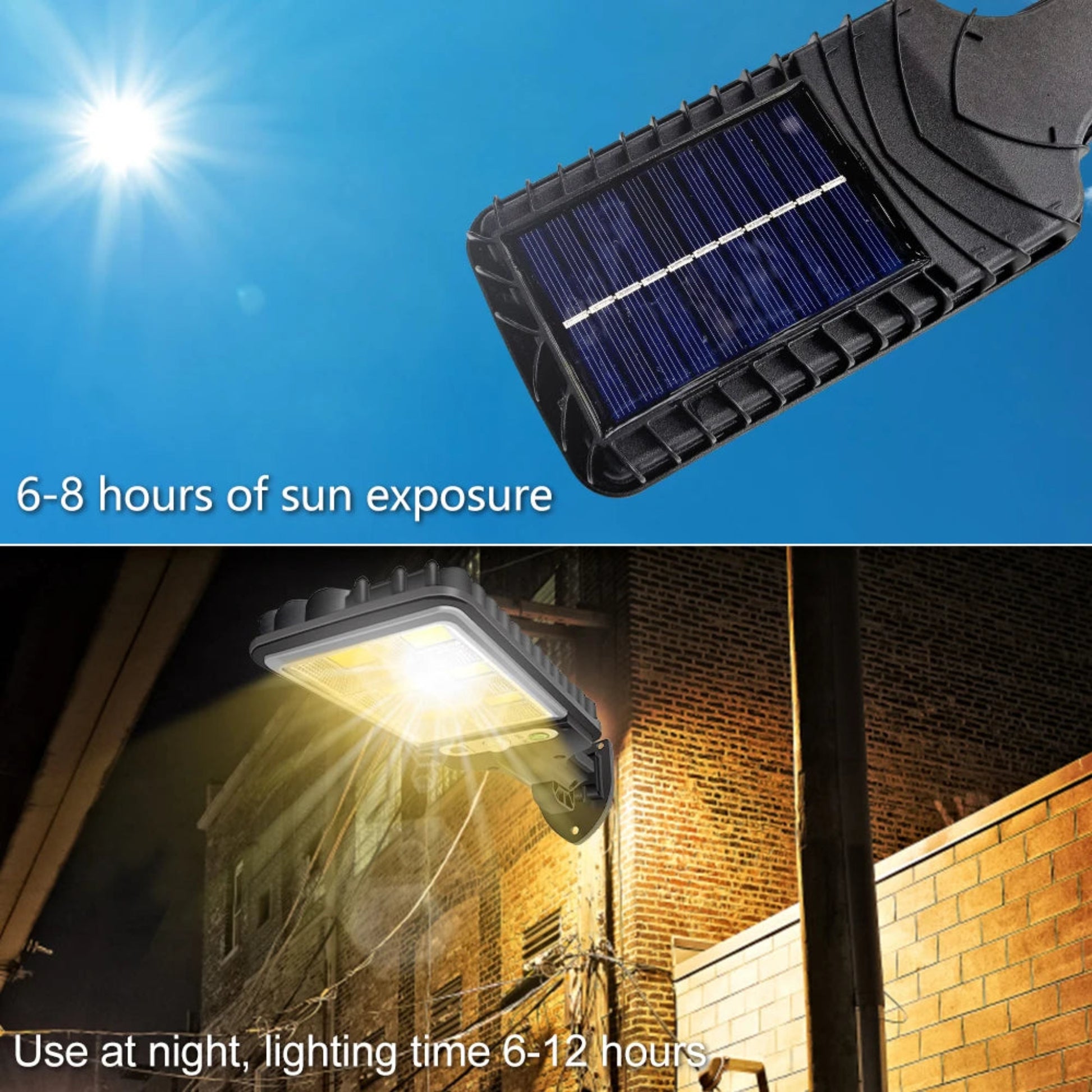 Solar street light with text about sun exposure and night-time use on a blue sky and building background.