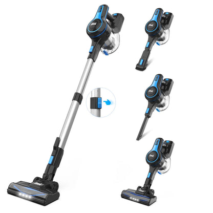 Stylized image of a vacuum cleaner with multiple attachments on a white background