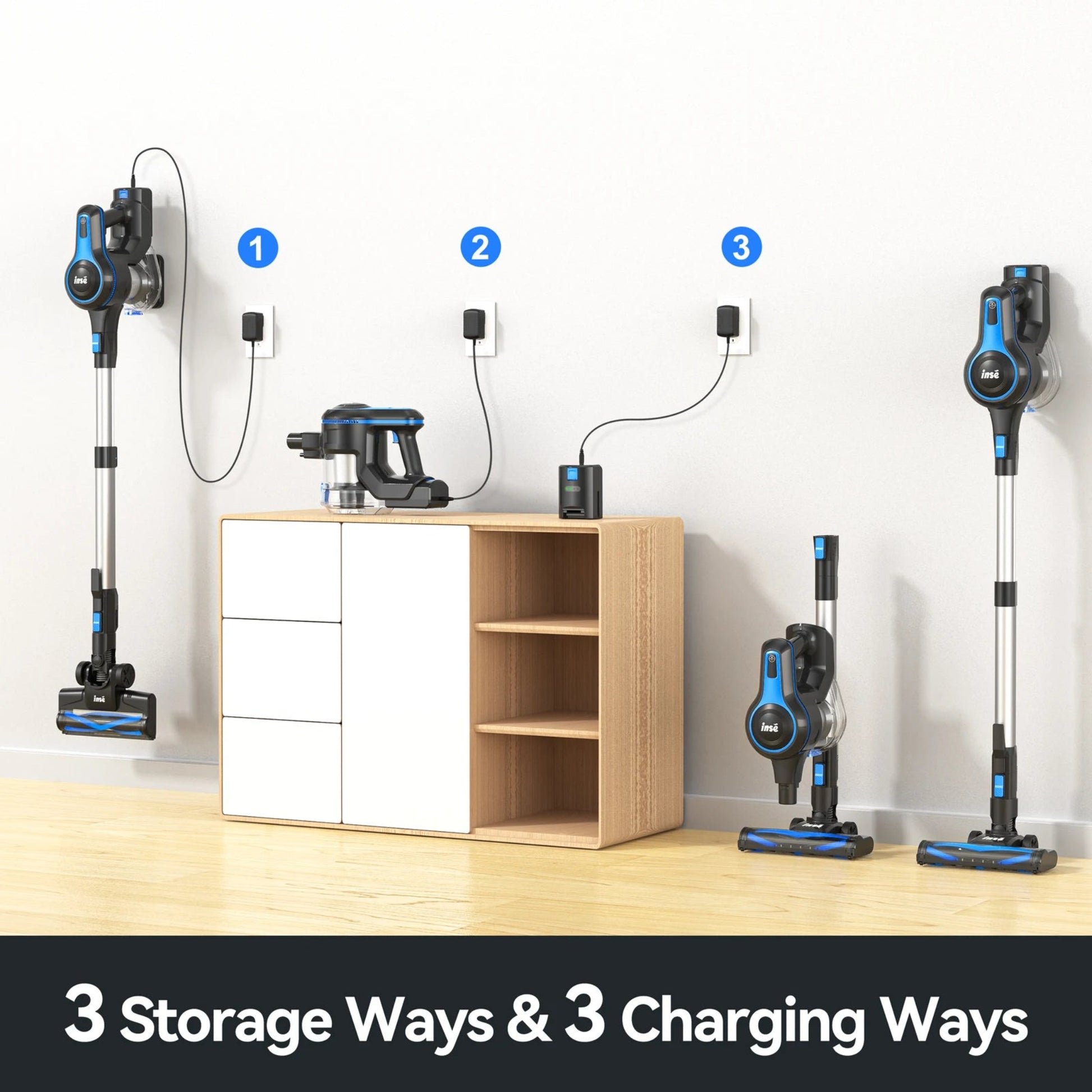 Vacuum cleaner with multiple charging and storage methods on a white wall and wooden floor.