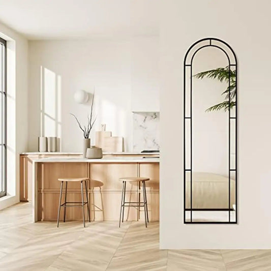 Rustic arched window mirror with metal frame for vintage décor
