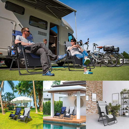 A collage of images showing a black padded zero gravity recliner with headrest cup holder. The recliner is shown in use by people, outdoors next to a camper, and in different positions of relaxation.
