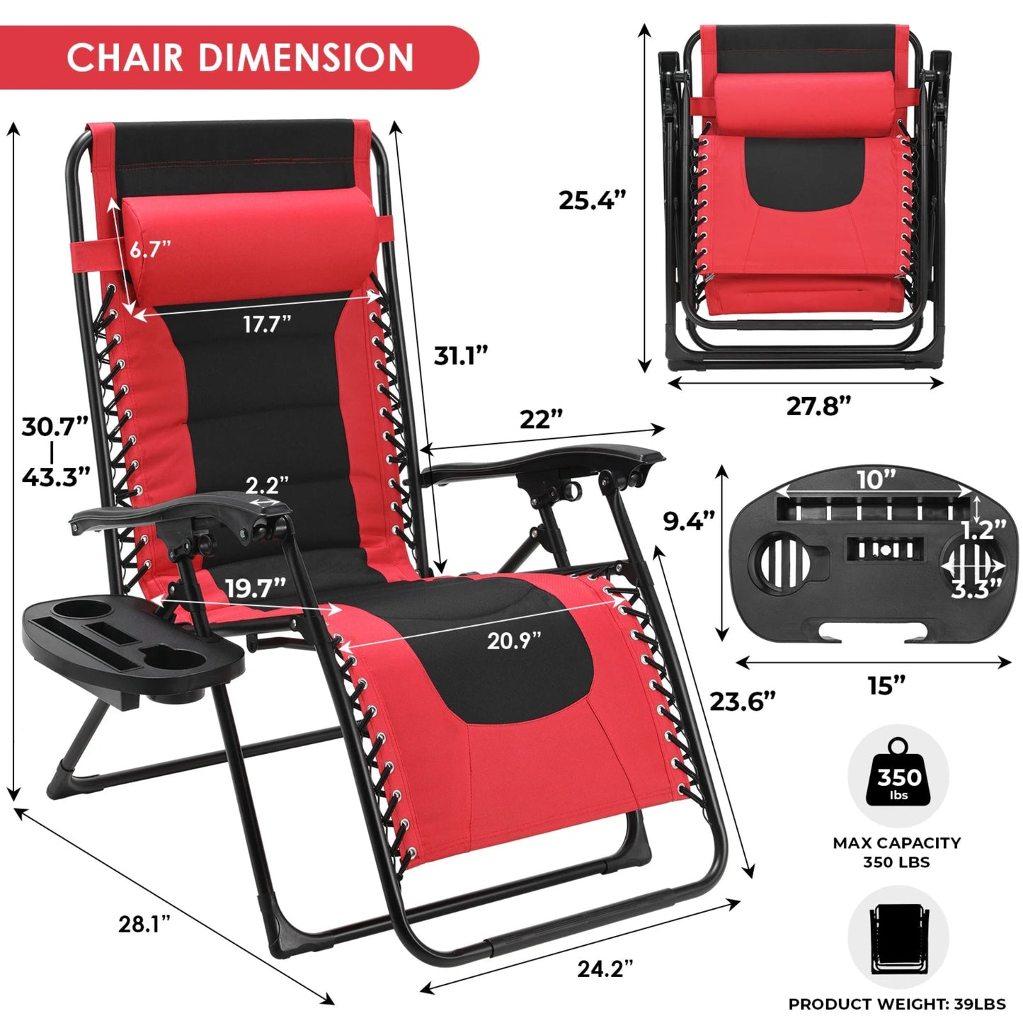Zero gravity lounge chair with cushion, headrest, and drink holder