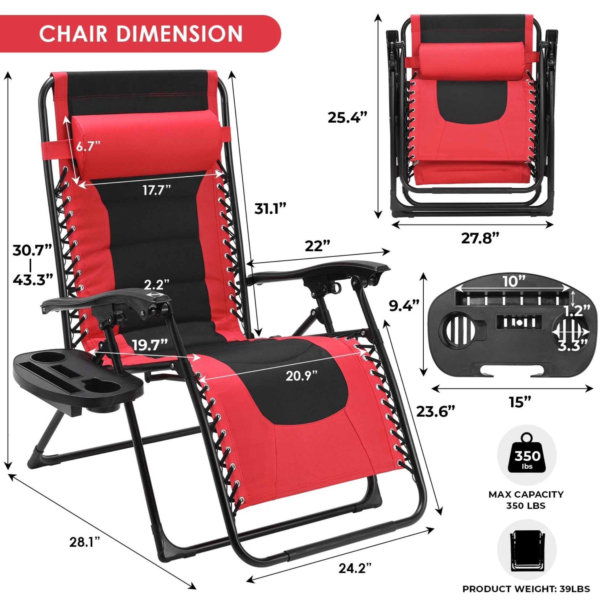 Zero gravity lounge chair with cushion, headrest, and drink holder