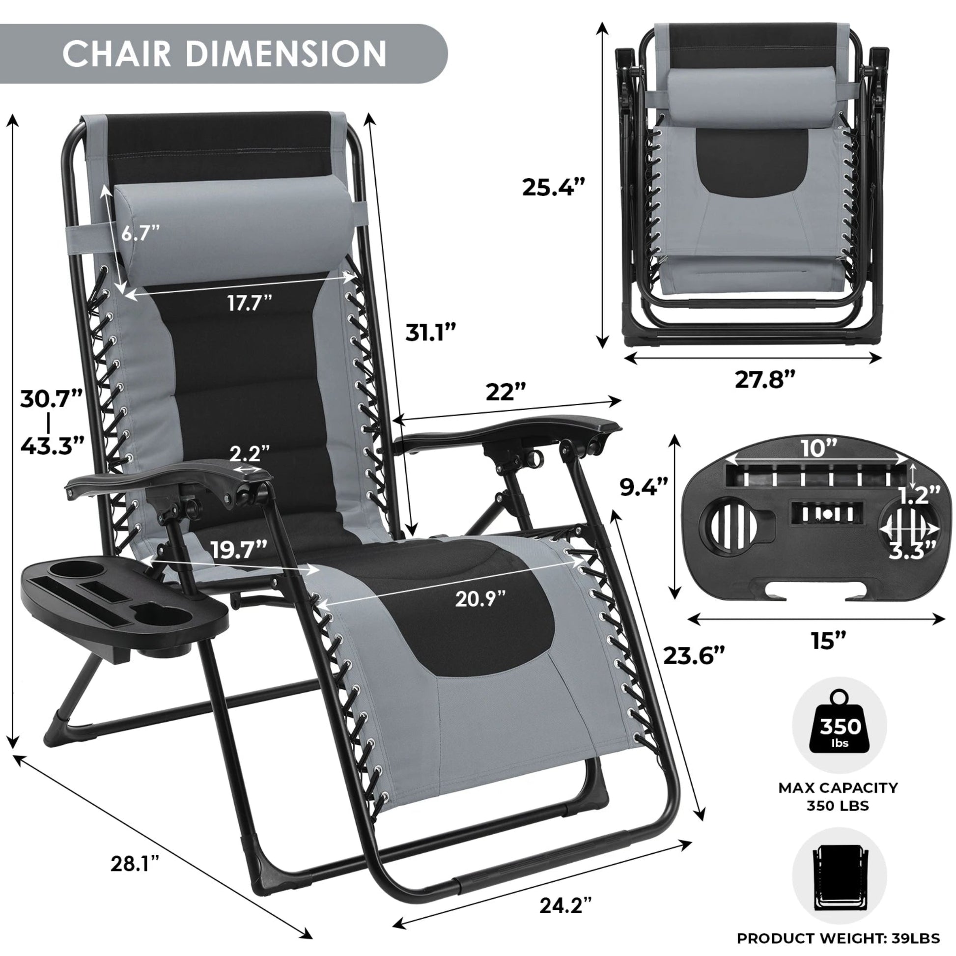 Folding zero gravity recliner with soft padding and cup holder