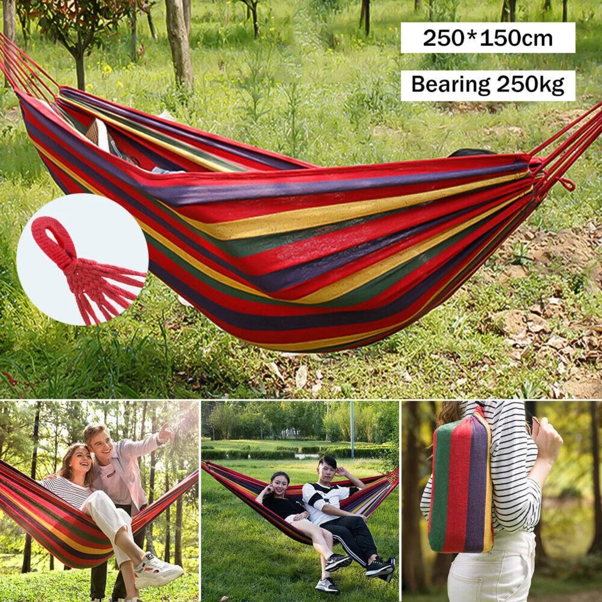 Colorful striped hammock with carrying strap in a forest setting, showing size and weight capacity.