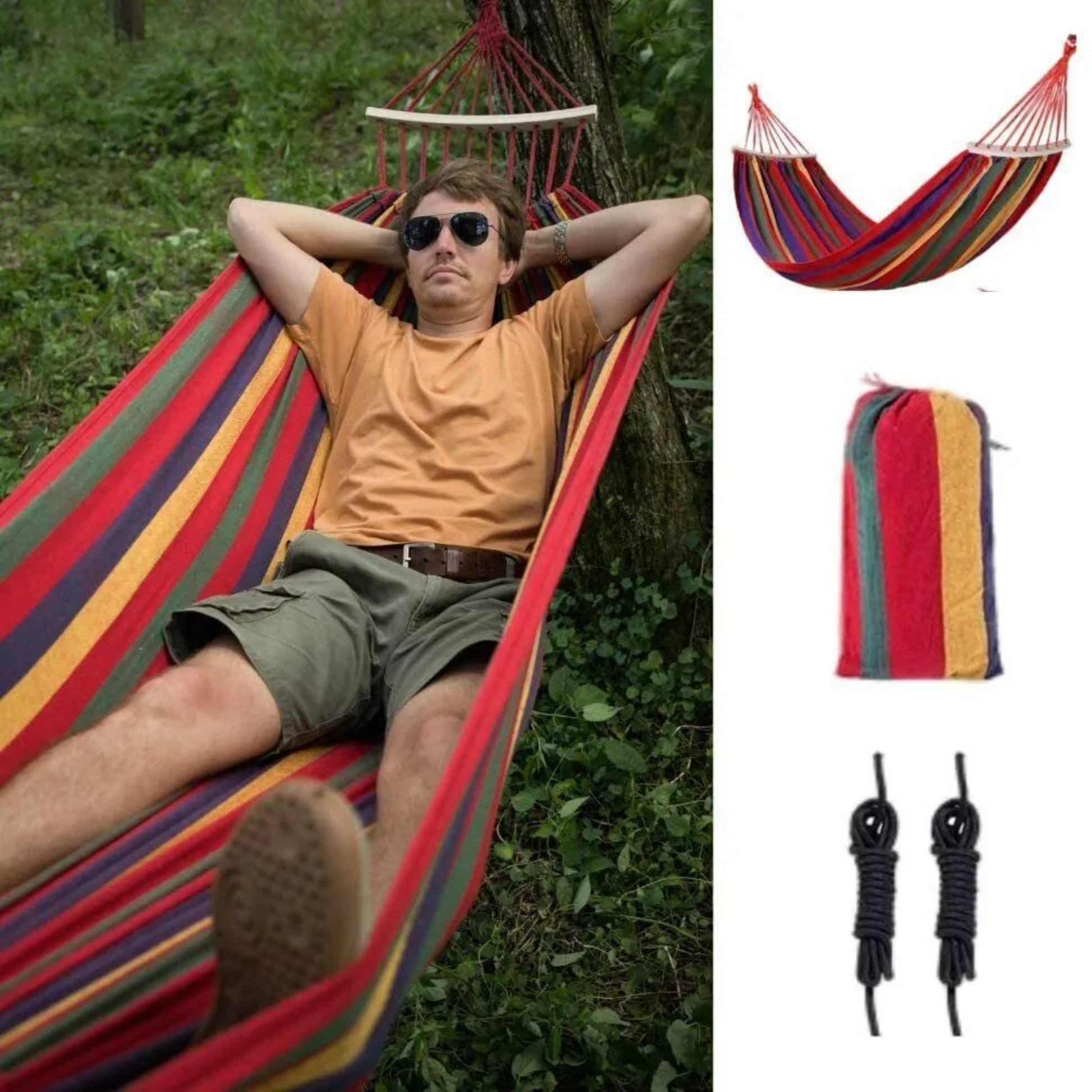 Man relaxing in a colorful hammock with additional hammock, straps, and ropes displayed.