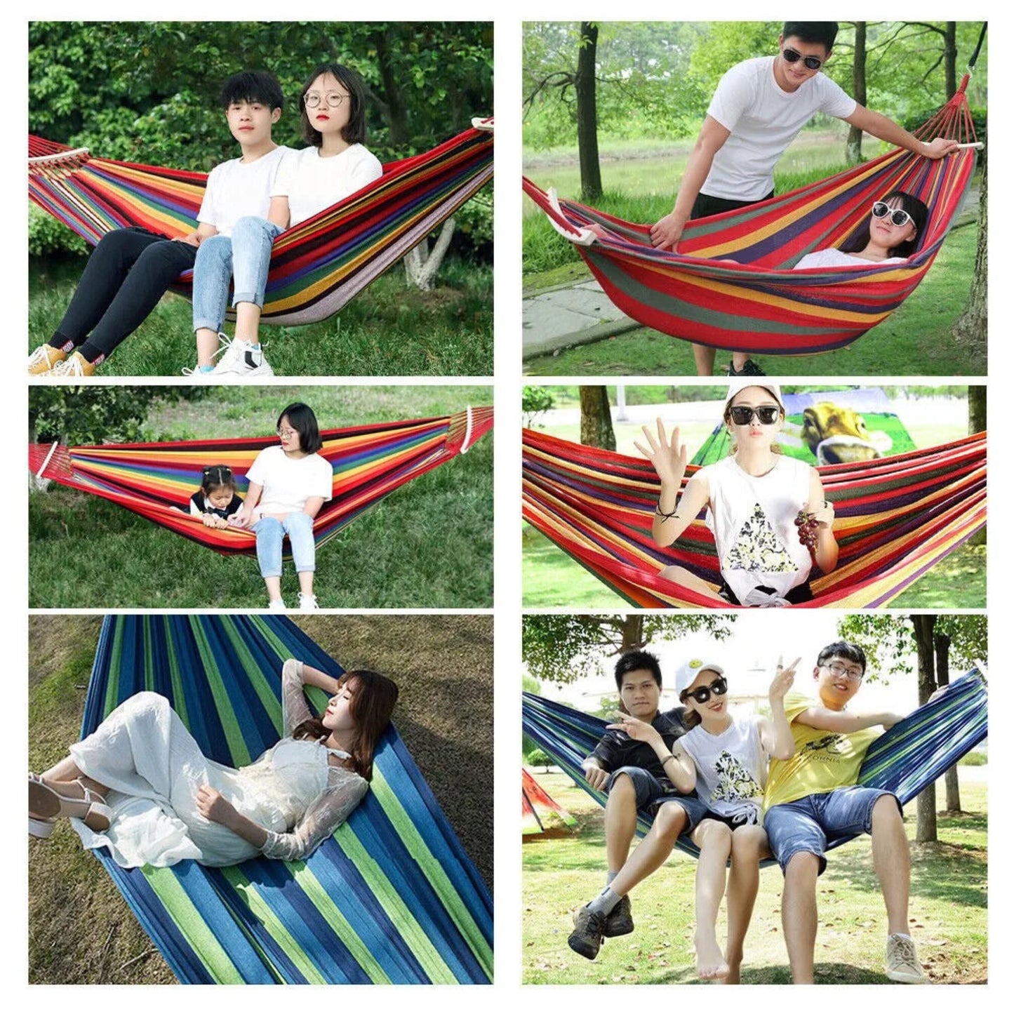 Collage of people using colorful hammocks in a park setting.