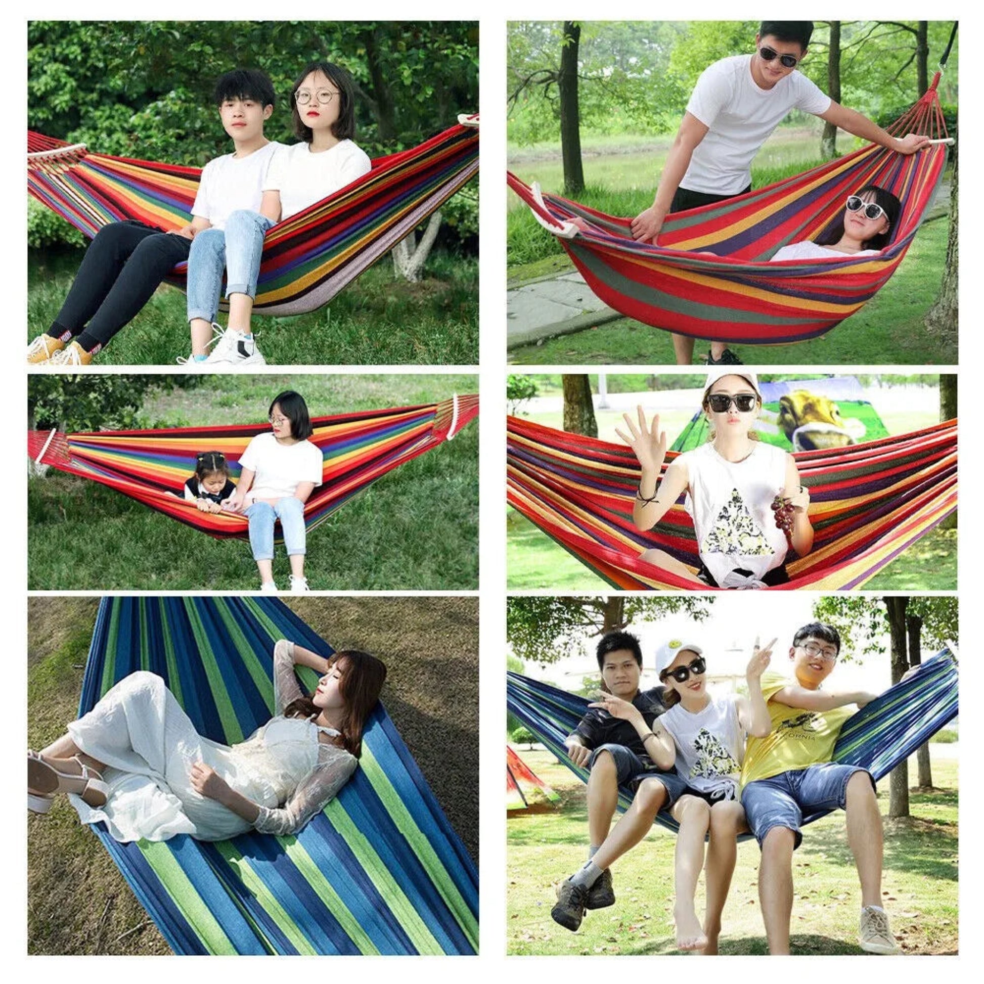 Collage of people using colorful hammocks in a park setting.