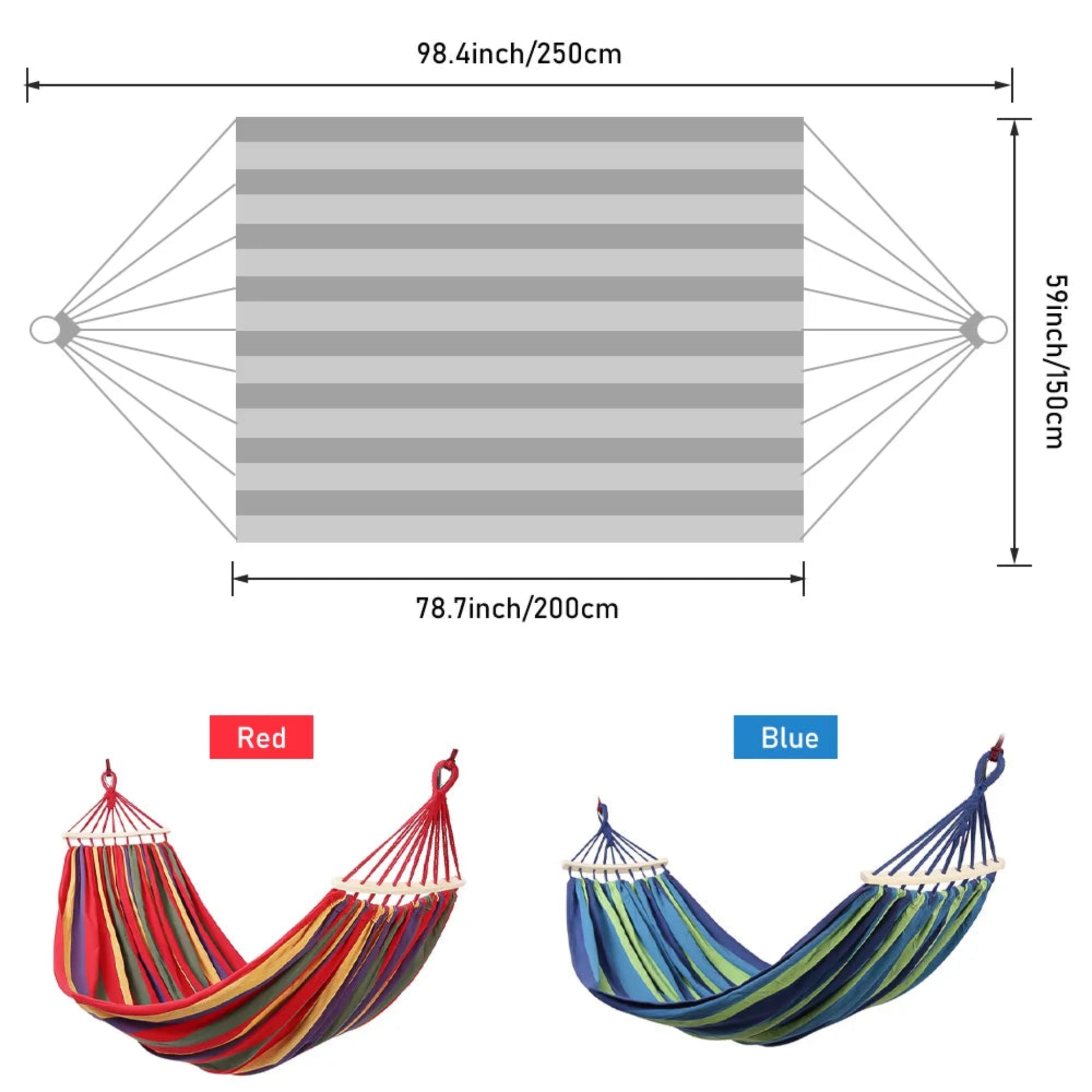 Hammock with dimensions and color options displayed