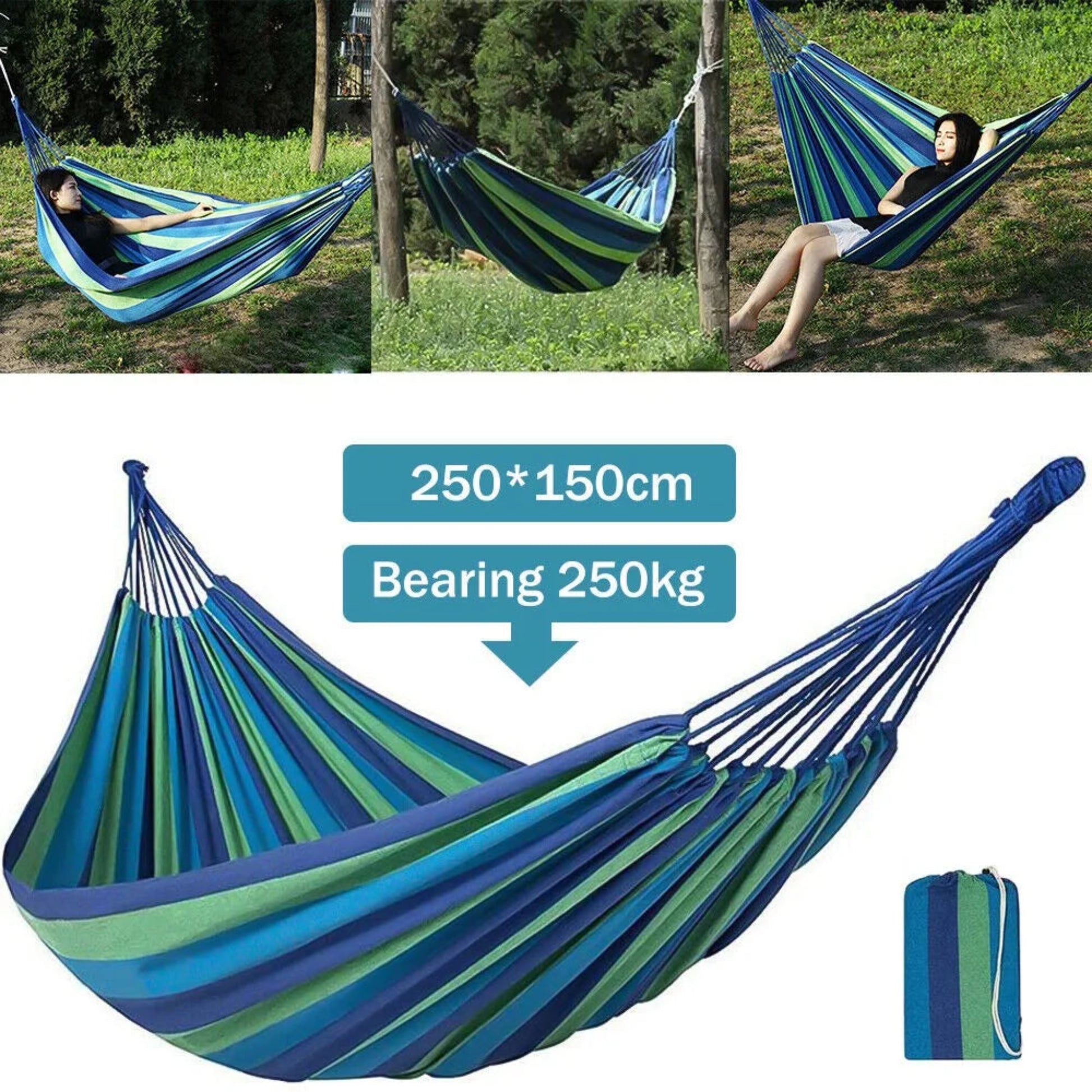 Blue and green striped hammock with text indicating size and weight capacity, shown with people using it outdoors.