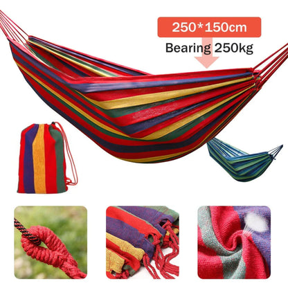 Colorful striped hammock with carrying bag and close-up details on a white background