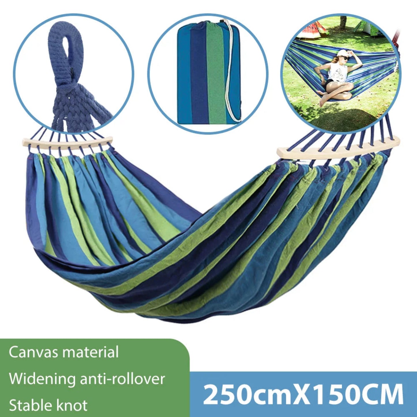Blue and green striped hammock with canvas material, anti-rollover feature, and size 250cm x 150cm on a white background.