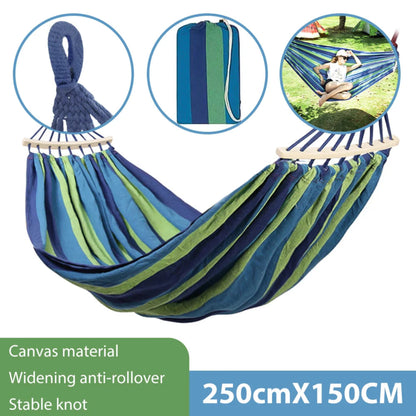 Blue and green striped hammock with canvas material, anti-rollover feature, and size 250cm x 150cm on a white background.