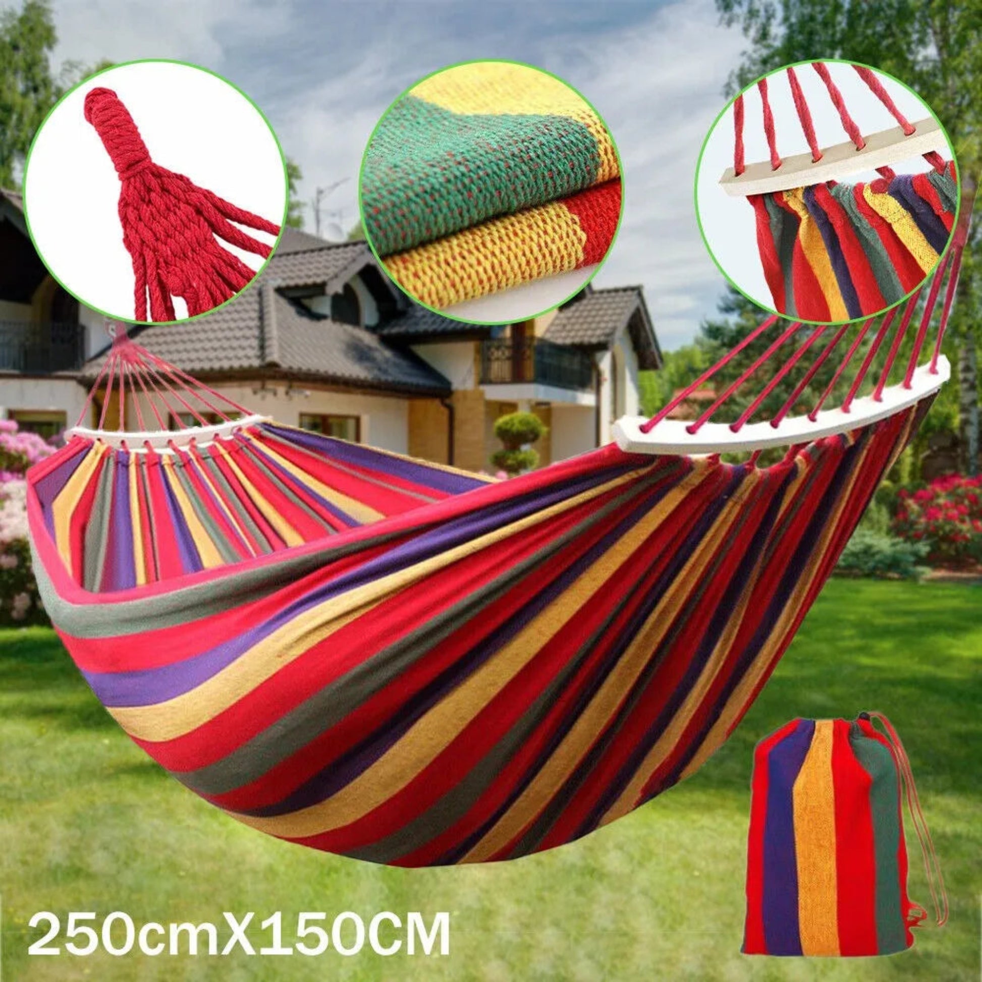 Colorful striped hammock with carrying bag on grassy area