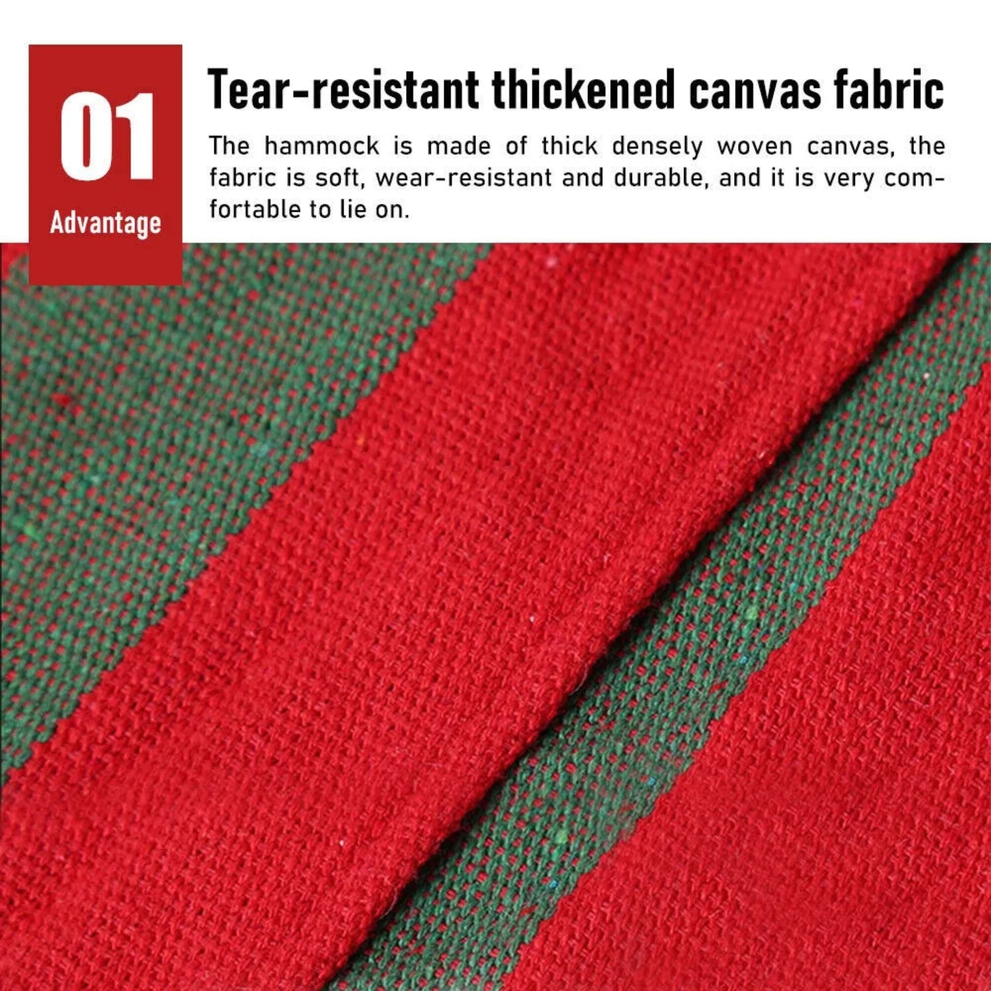 Close-up of red and green woven fabric with text about tear-resistant thickened canvas.