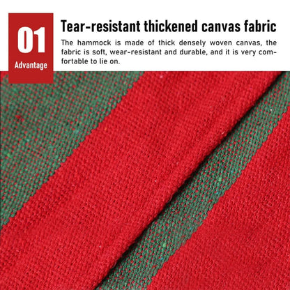 Close-up of red and green woven fabric with text about tear-resistant thickened canvas.