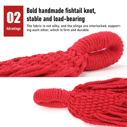 Red fishing line with a bold handmade fishtail knot on a white background