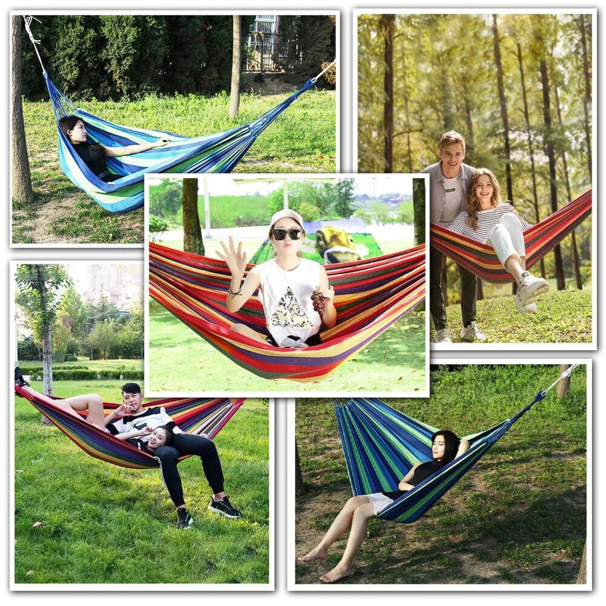 Collage of people using colorful hammocks in a park setting.