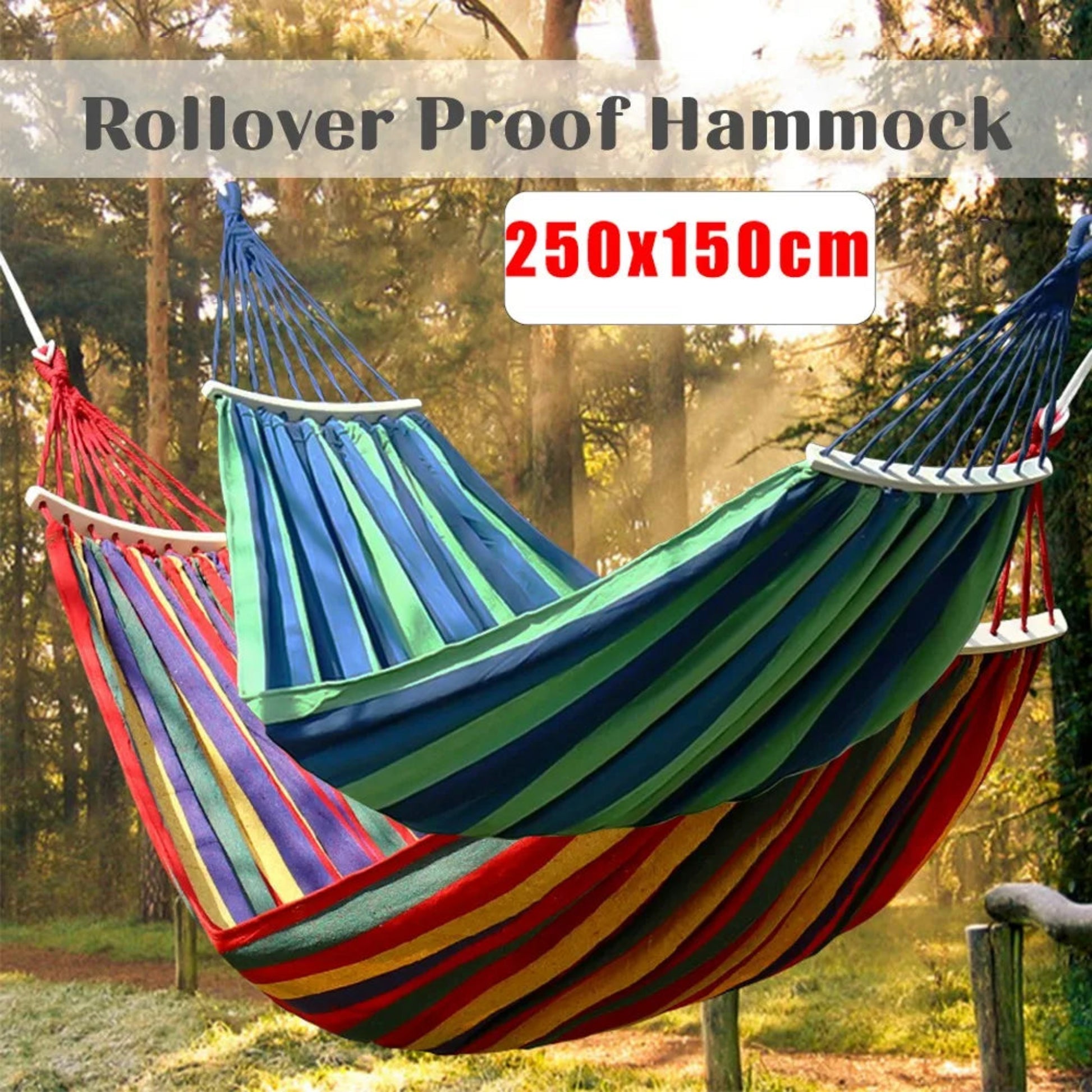 Colorful hammock with dimensions 250x150cm in a forest setting