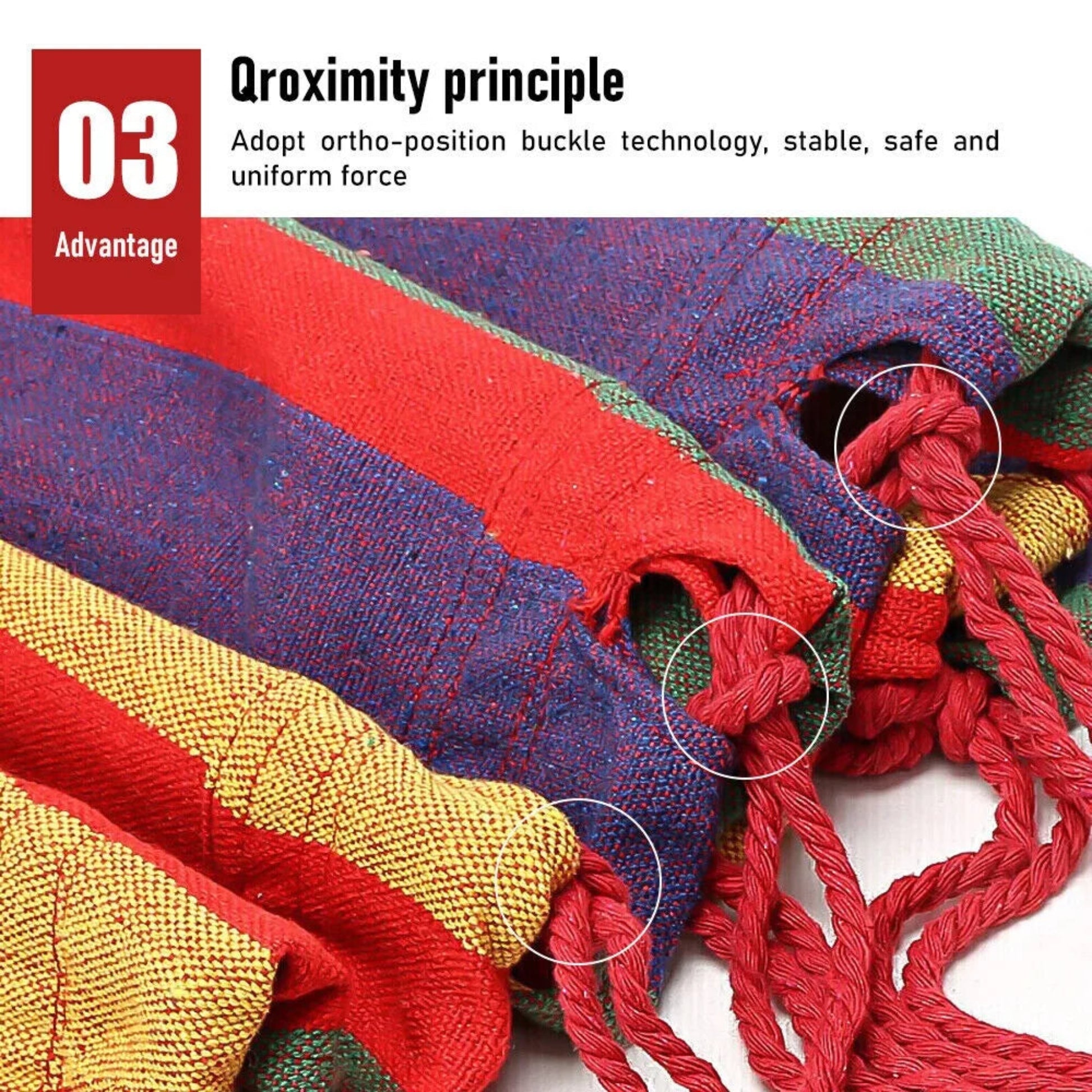 Close-up of a multicolored fabric with text about ortho-position buckle technology.