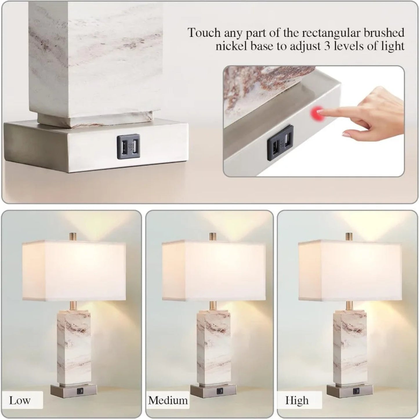 Decorative resin lamp featuring dual USB charging options