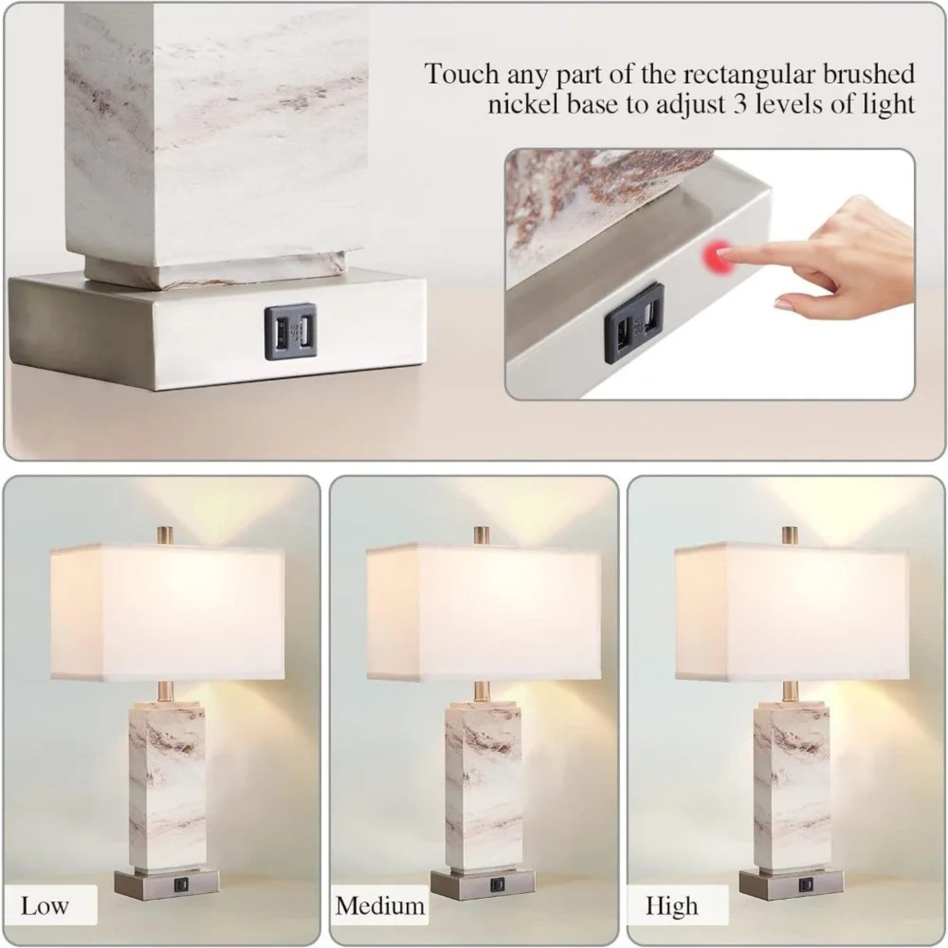 Decorative resin lamp featuring dual USB charging options