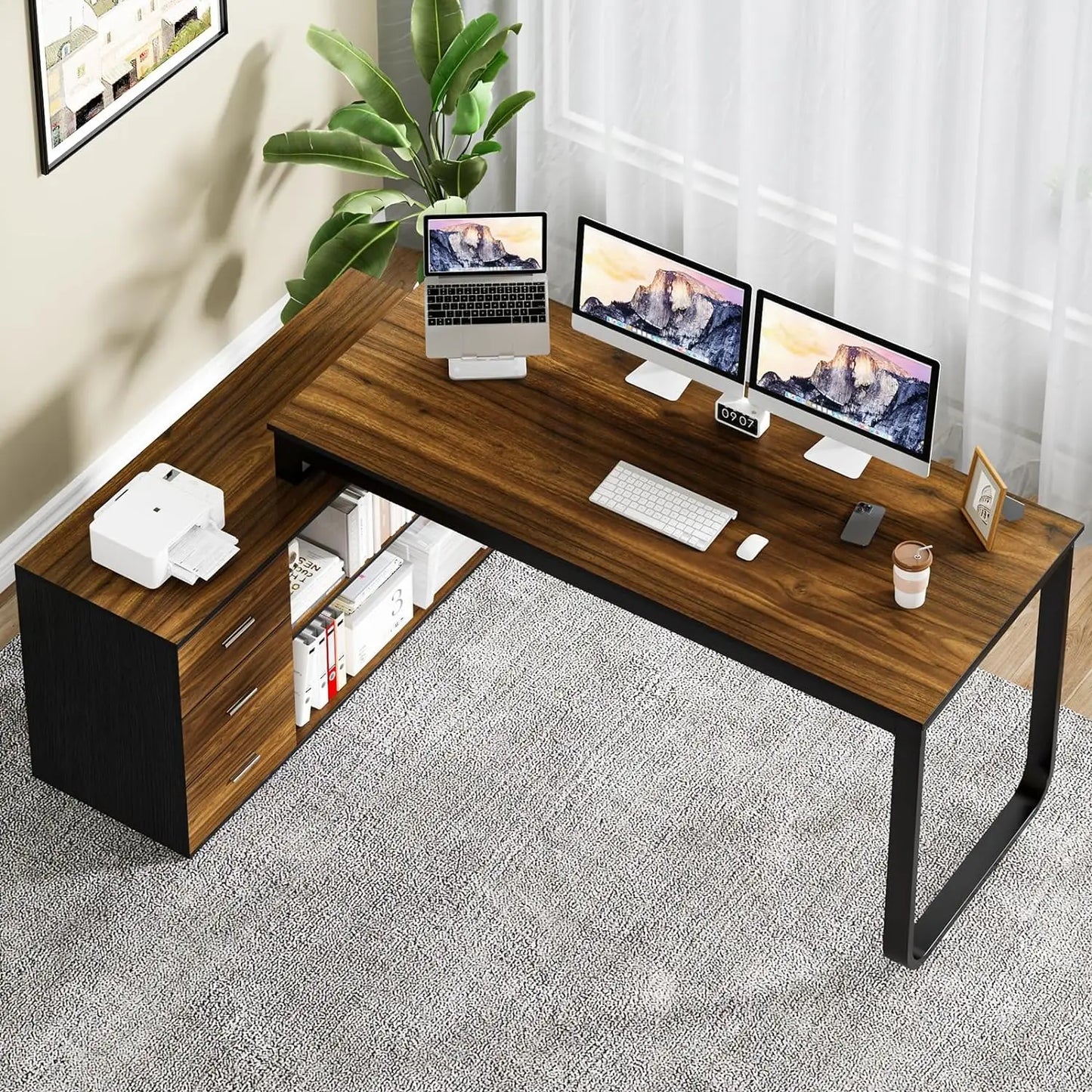 BOMP L-Shaped Office Desk with Drawers and Shelves